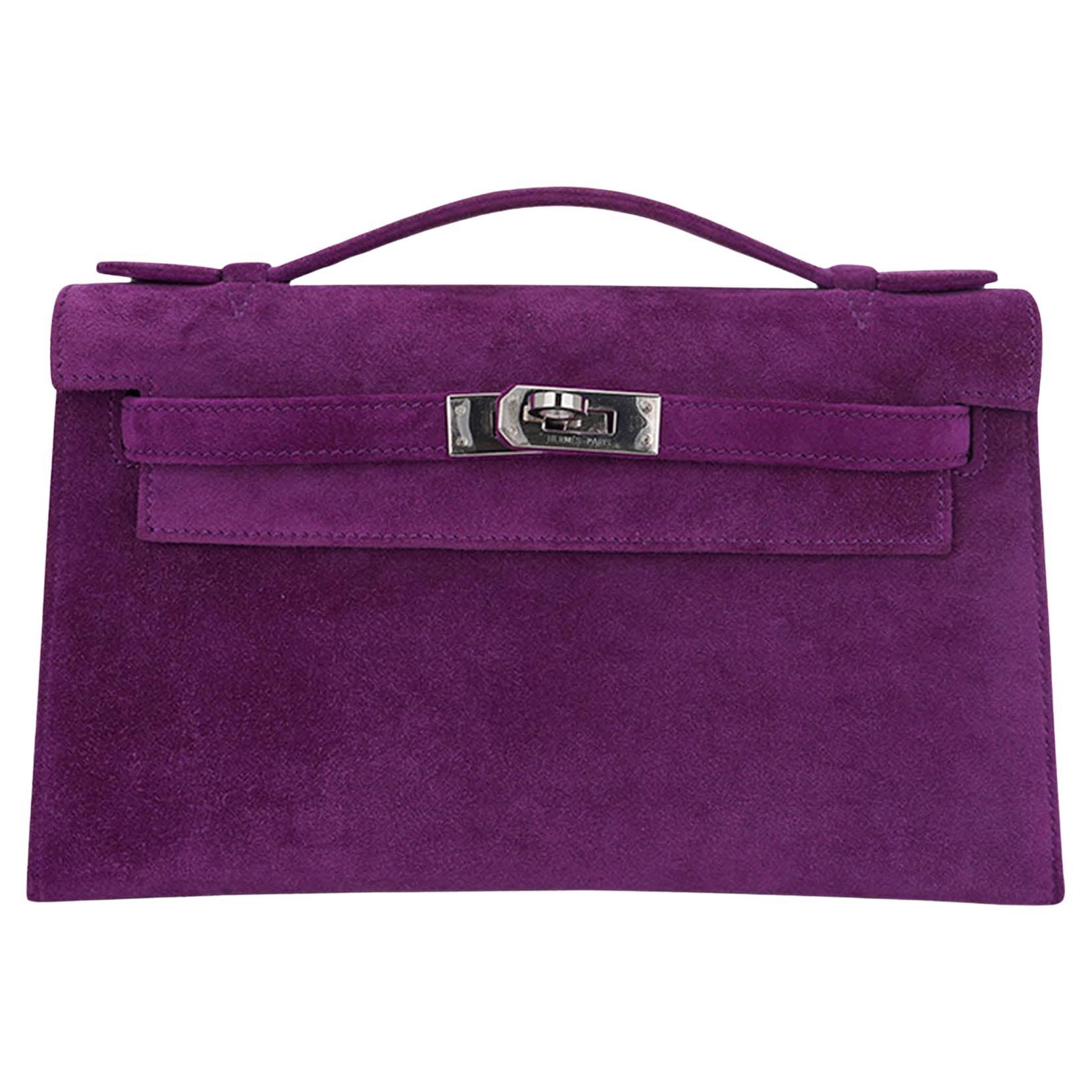 Hermes Limited Edition Kelly Pochette Violet Doblis Clutch Bag Palladium For Sale