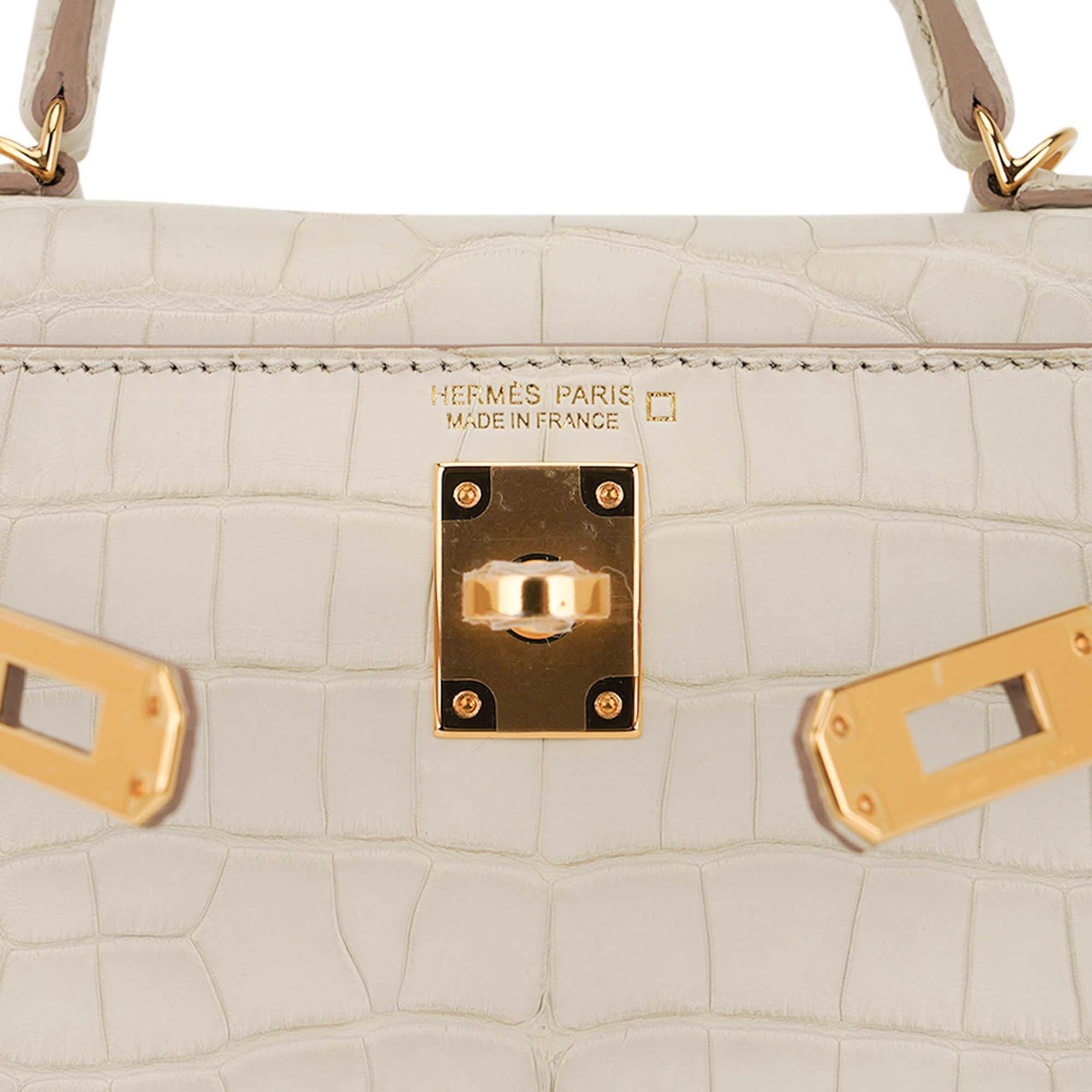 Hermes Limited Edition Mini Kelly 20 Sellier Beton Matte Alligator Bag Gold Hard For Sale 3