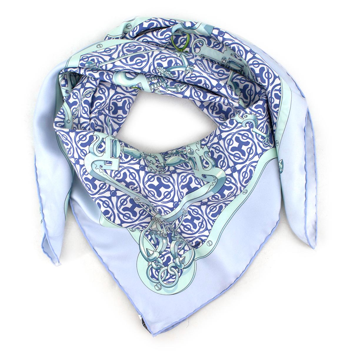 Hermes Limited Edition Mors & Gourmettes silk-twill scarf 

- Ice-blue, lightweight silk-twill
- Lavender-purple, mint-green and ivory Limited Edition print 
- Black Mors & Gourmettes centre print 
- Hand stitched rolled edges 

Please note, these