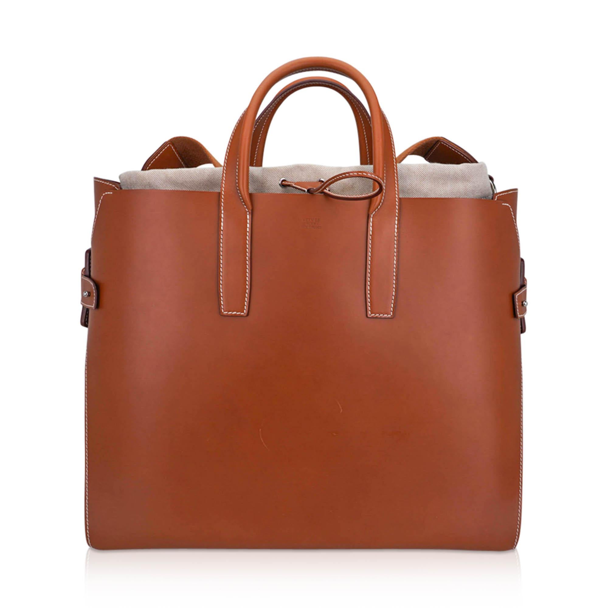 Brown Hermes Limited Edition Tote Bag Fauve Leather Removeable Toile Palladium For Sale