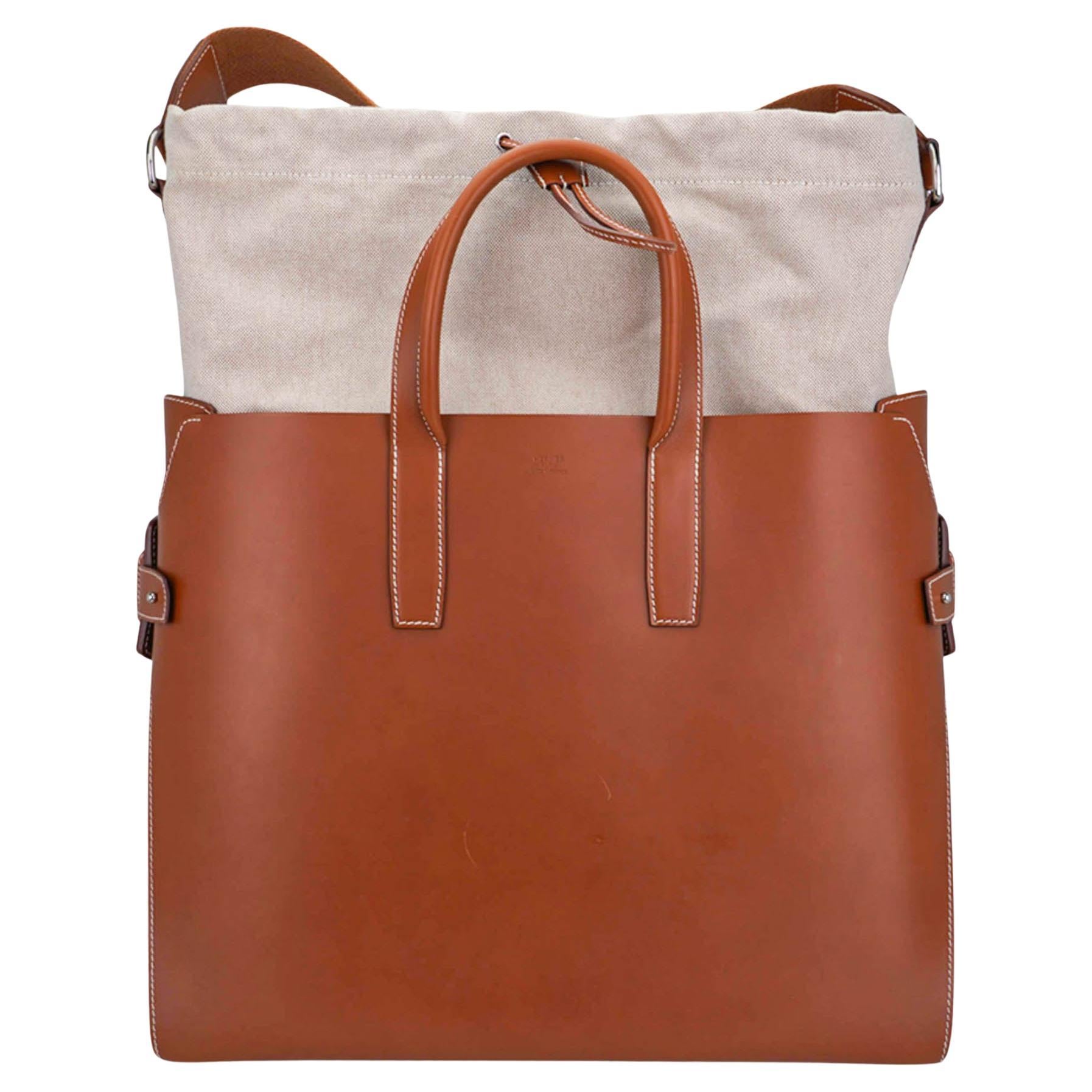 Hermes Limited Edition Tote Bag Fauve Leather Removeable Toile Palladium en vente