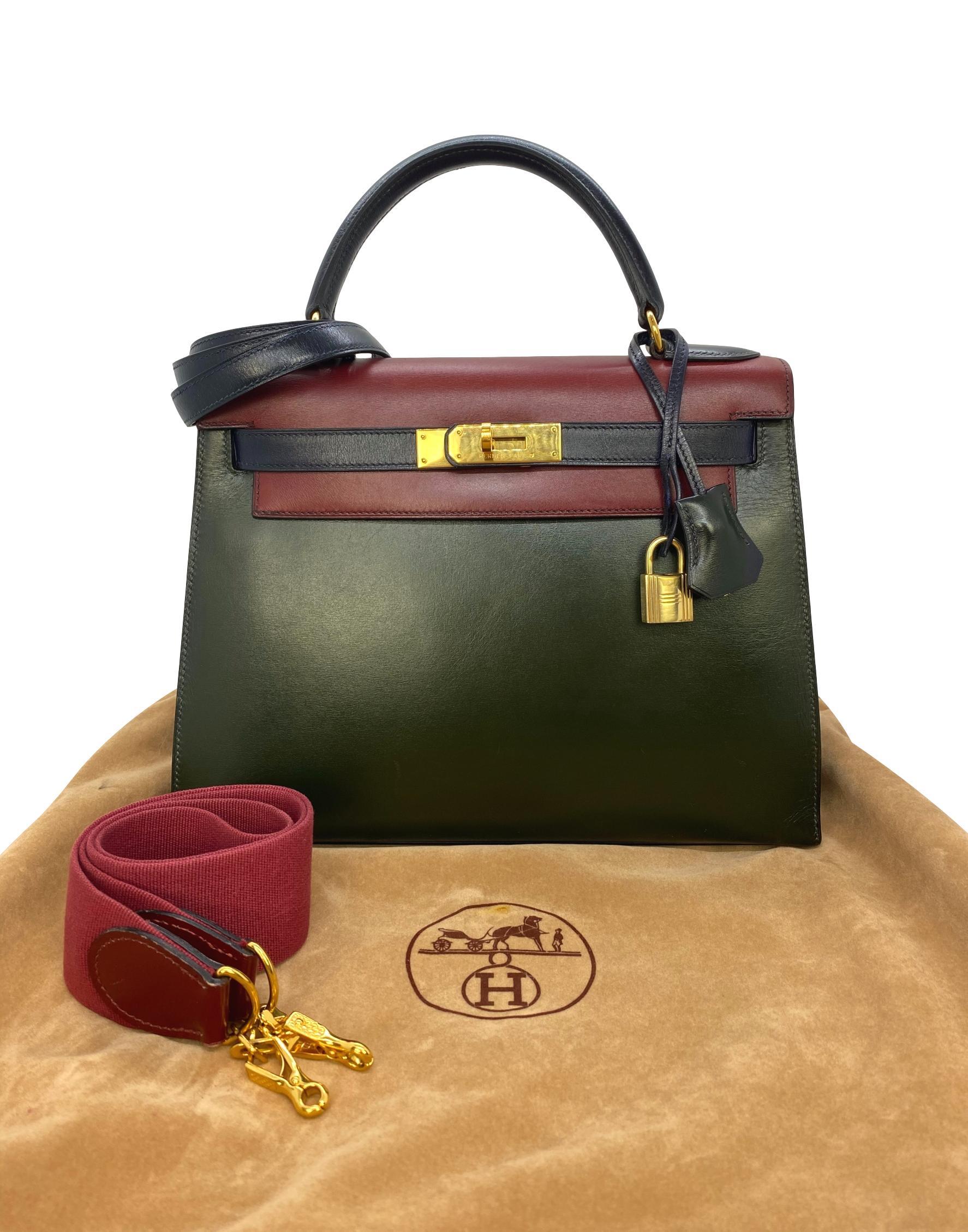 Hermès Limited Edition Vintage Tri-Color Vert Fonce, Rouge H & Indigo Box Calf Kelly Bag with Gold Hardware 28, 1993. Originally introduced in the early 1930's as the Sac à dépêches bag, the Kelly became world renowned after Grace Kelly, Princess
