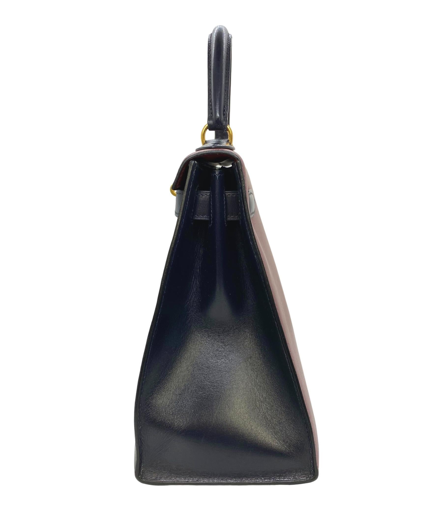 Noir Hermès Limited Edition Vintage Tri-Color Box Calf Handbag 28:: 1993.