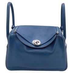 Hermes Lindy 26 Blue Swift Leather Silver HW PHW D Stamp Crossbody Bag