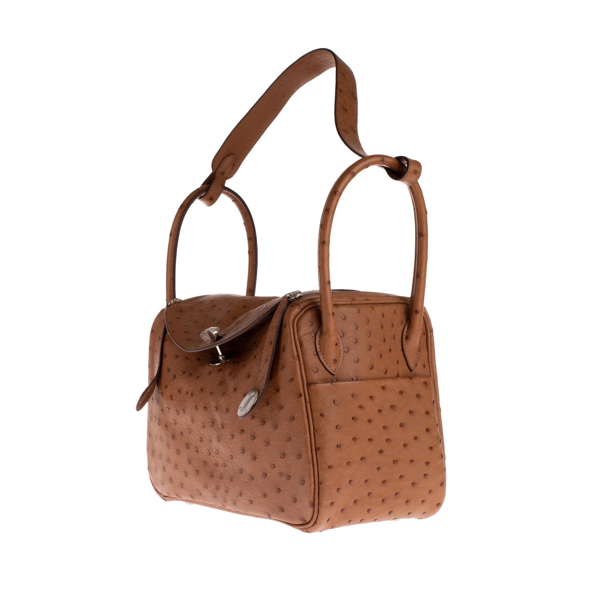 Brown Hermes Lindy 26 handbag in gold ostrich leather and palladium hardware brand new