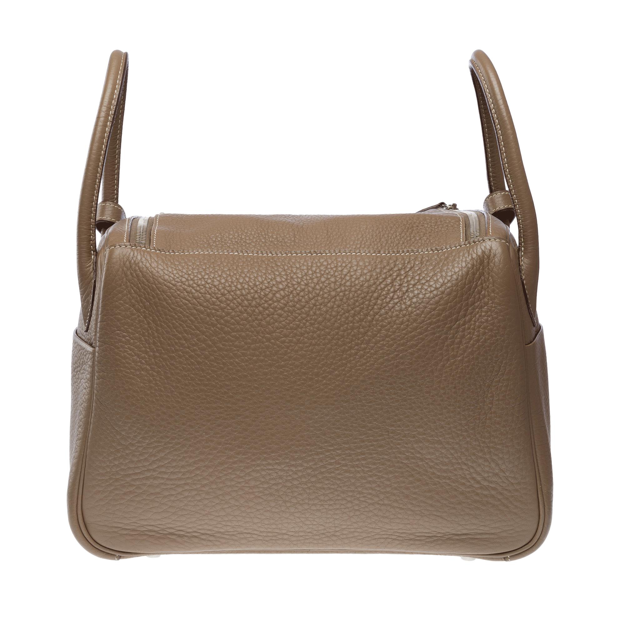 Brown Hermes Lindy Mini 30 handbag strap in Etoupe Togo leather, PHW For Sale