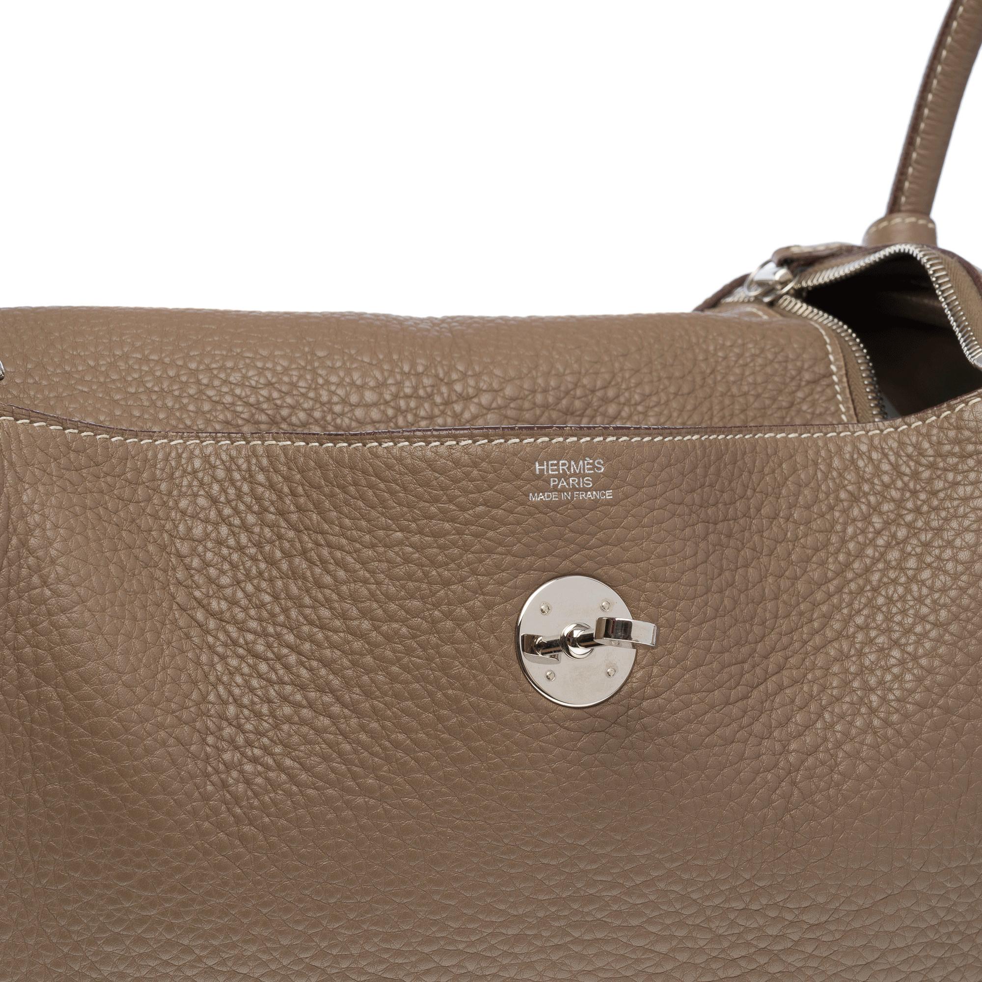 Hermes Lindy Mini 30 handbag strap in Etoupe Togo leather, PHW For Sale 1