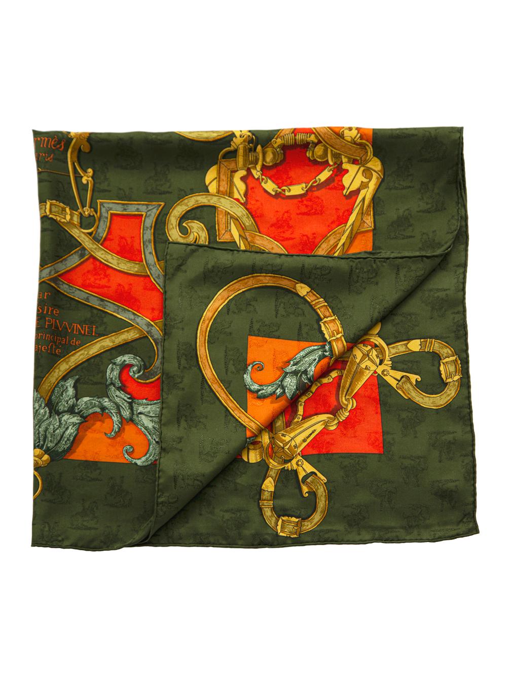Crafted in France from the finest green silk, this pre-owned scarf by Hermès features lightweight construction, a square shape and print motifs. This piece was designed by Henri d'Origny, first issued in 1970 and is delicately finished with a