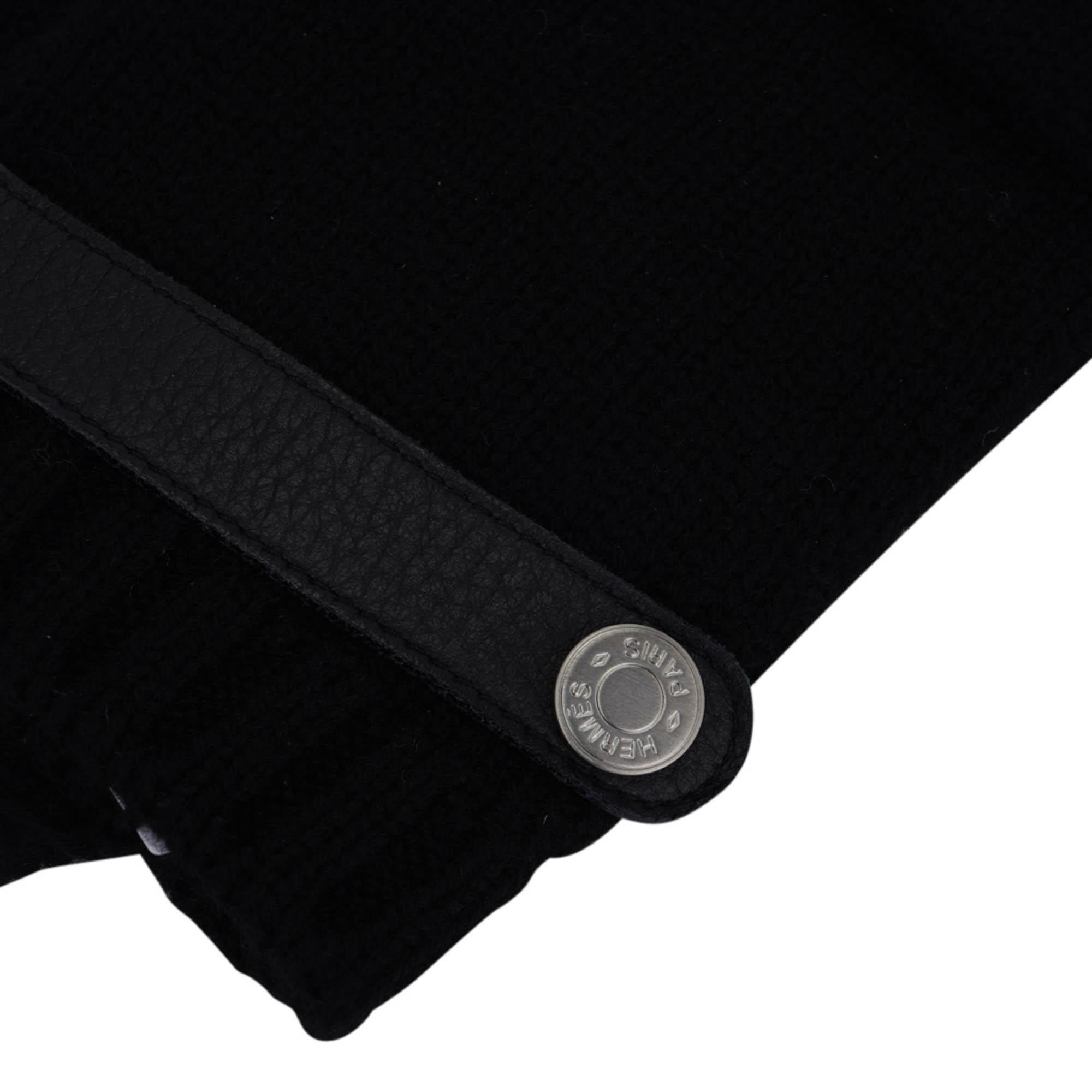 Noir Hermes Lionel Mittens Black Cashmere and Deerskin Gloves M