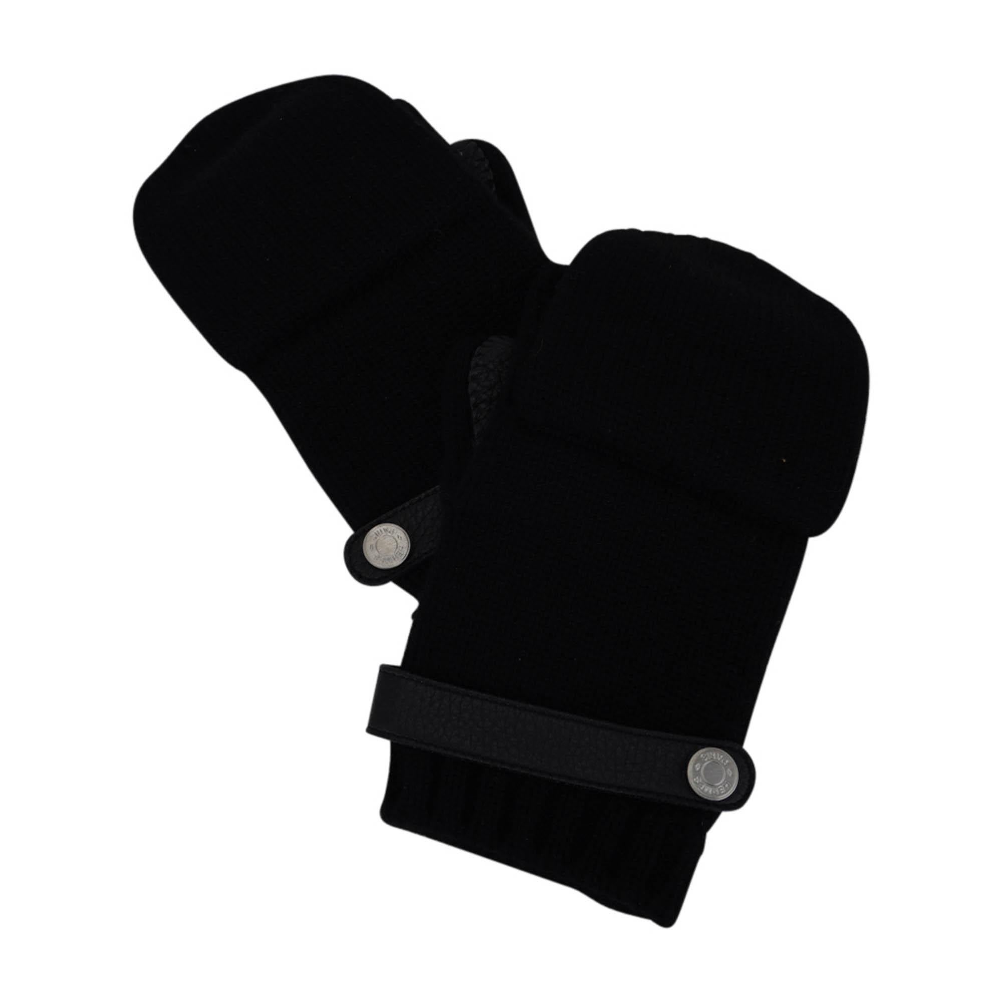 Hermes Lionel Mittens Black Cashmere and Deerskin Gloves M Neuf à Miami, FL