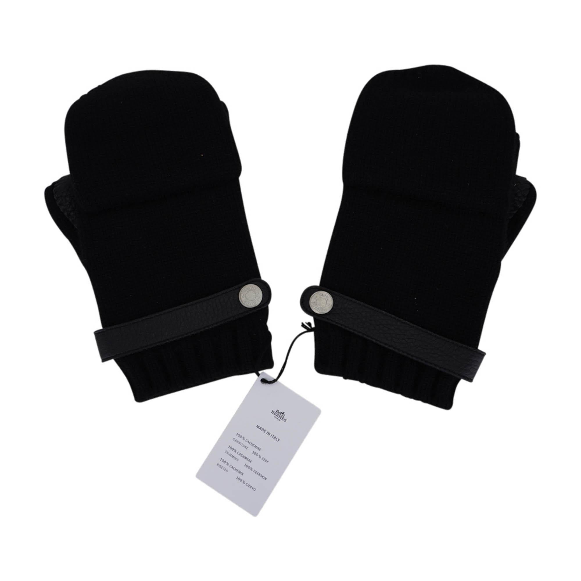  Hermes Lionel Mittens Black Cashmere and Deerskin Gloves M Unisexe 