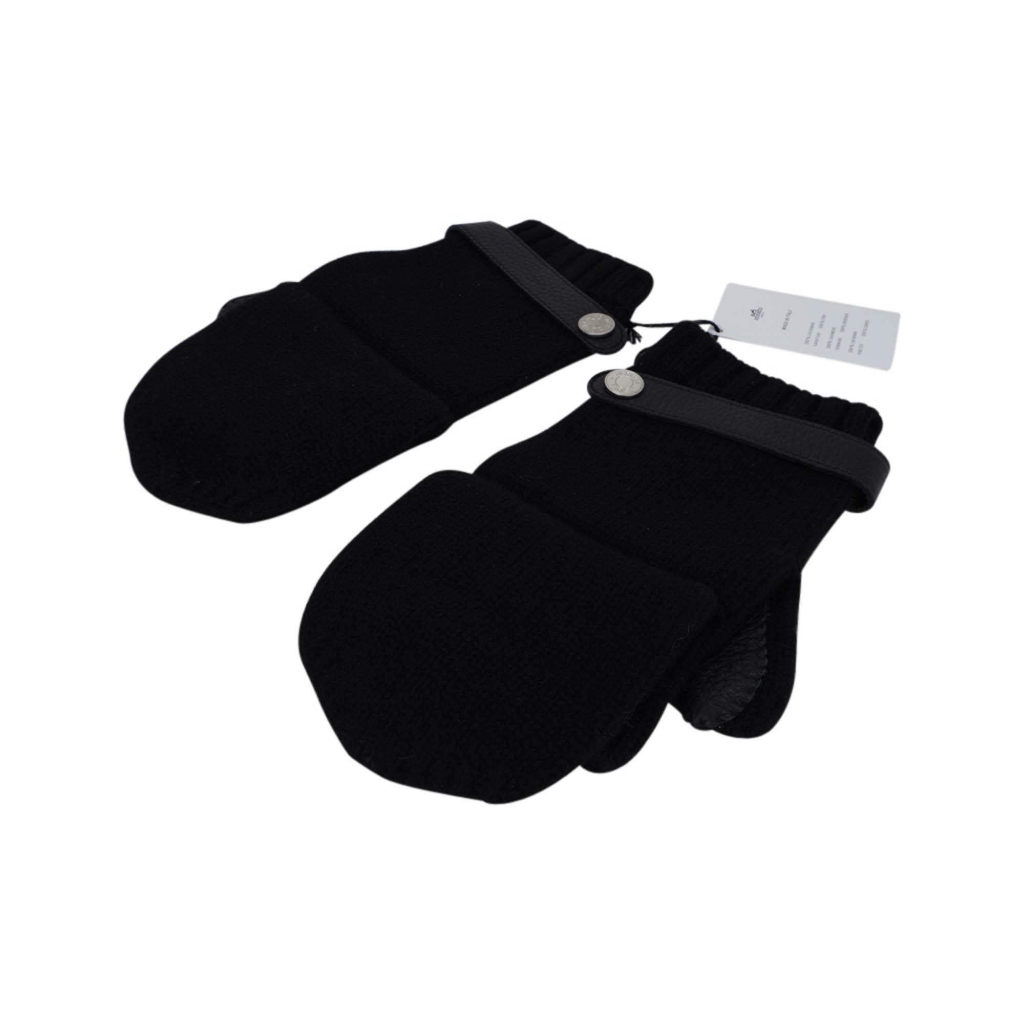 Hermes Lionel Mittens Black Cashmere and Deerskin Gloves M 2