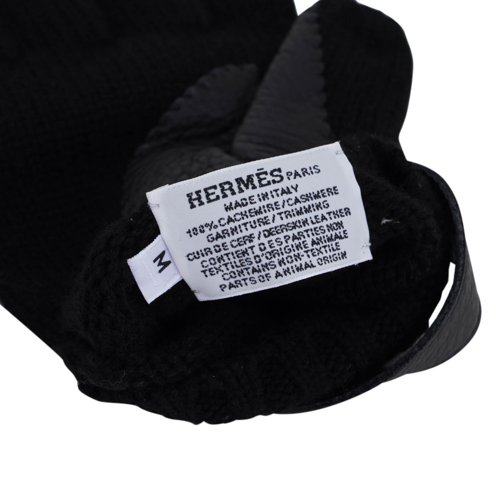 Hermes Lionel Mittens Black Cashmere and Deerskin Gloves M 3