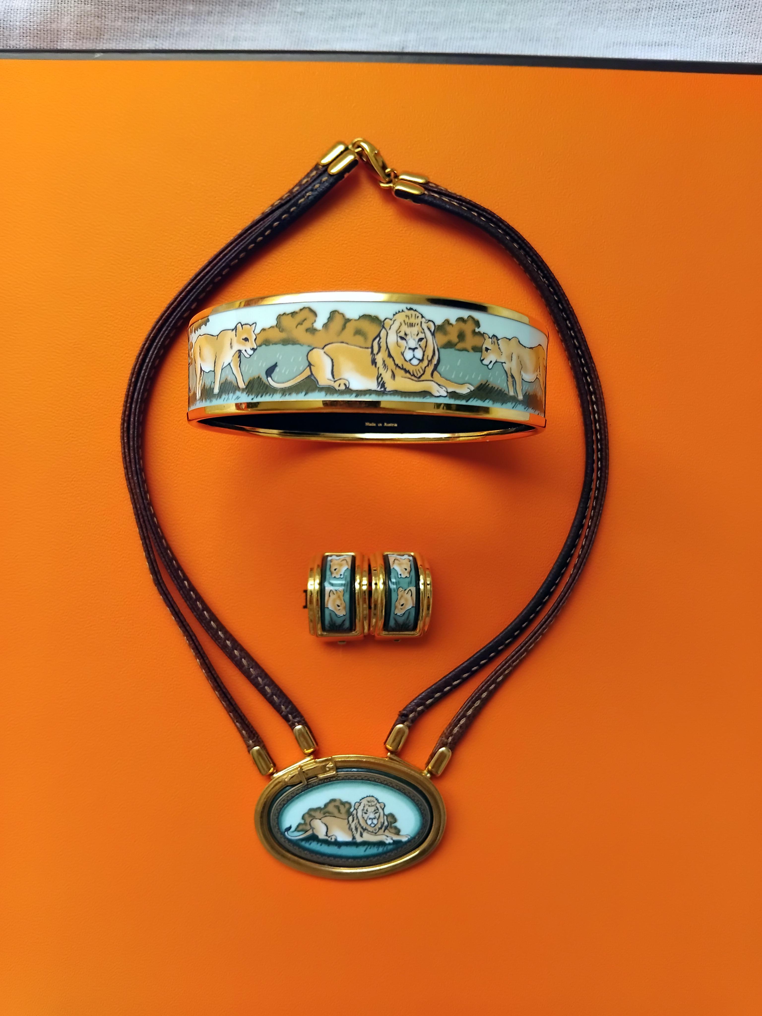 Exceptionnel Authentique Hermès Ensemble de 4 bijoux assortis

Comprend 1 collier, 1 bracelet et 2 boucles d'oreilles, même imprimé, même coloris, même finition métallique

Imprimer : Lions et lionnes à Savannah

Thème : Afrique, animaux sauvages,