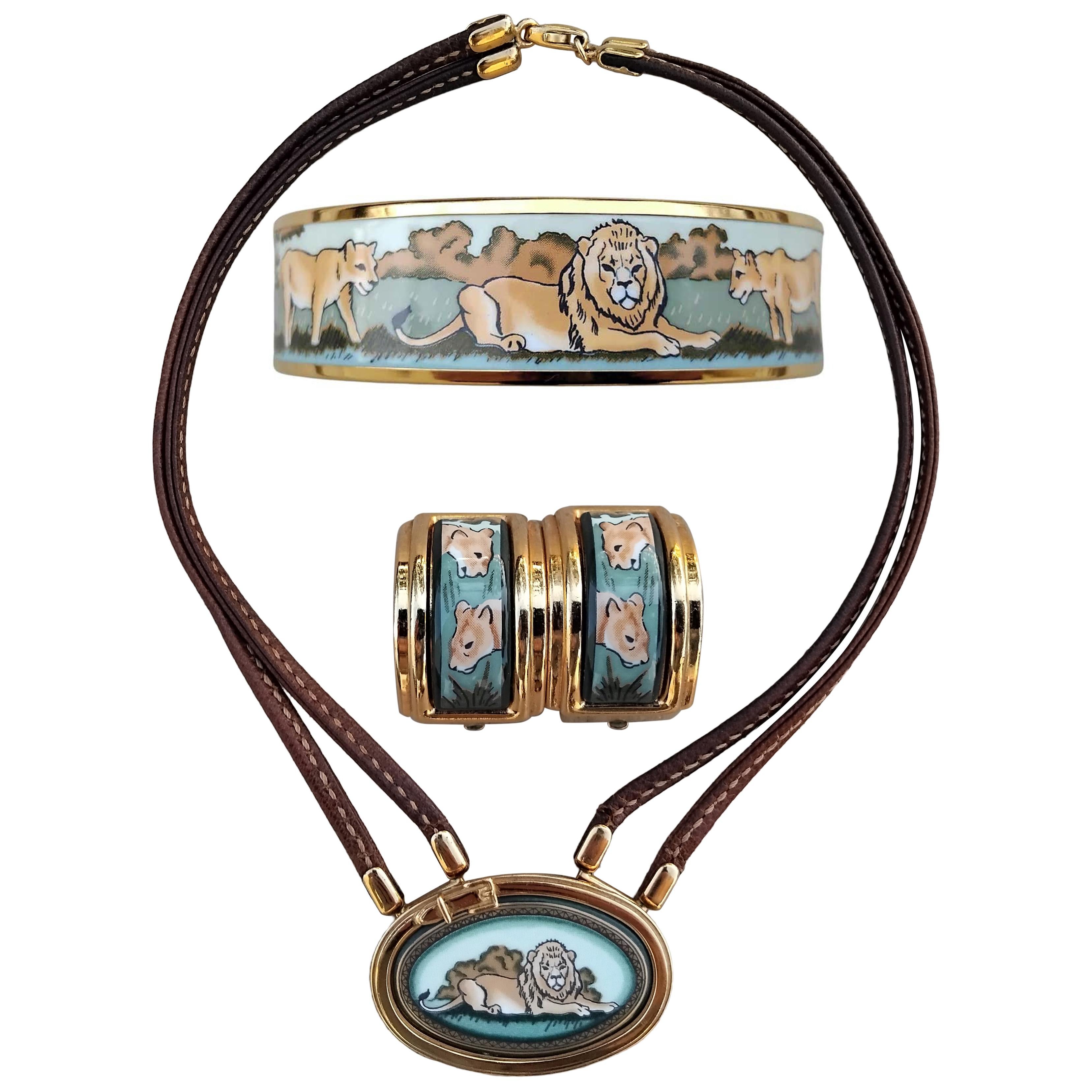 Hermès Lions Jewels Set Necklace Bracelet Earrings Green Gold Hdw