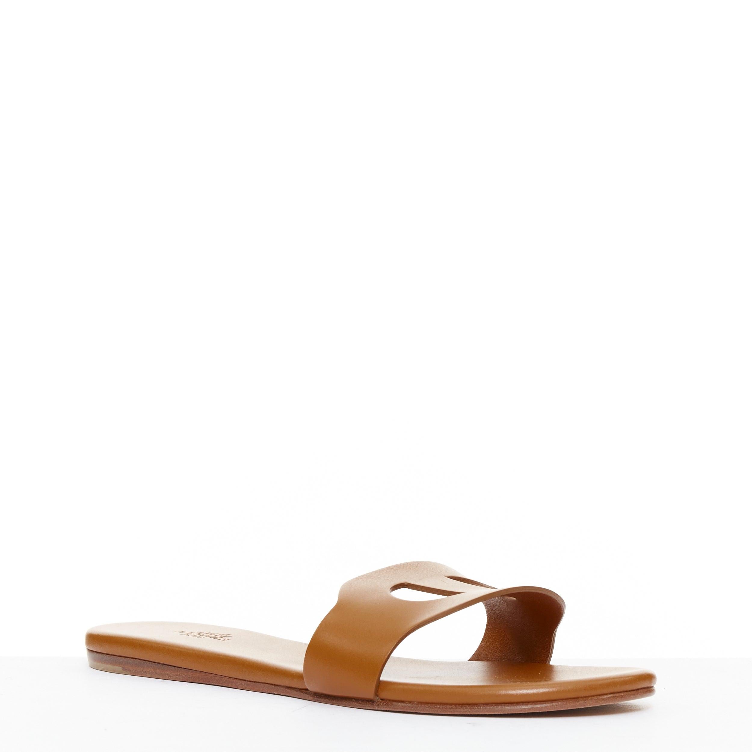 HERMES Lisboa Chaine d'ÄôAncre piel marrón recortada sandalia plana slippers EU37.5 Marrón en venta