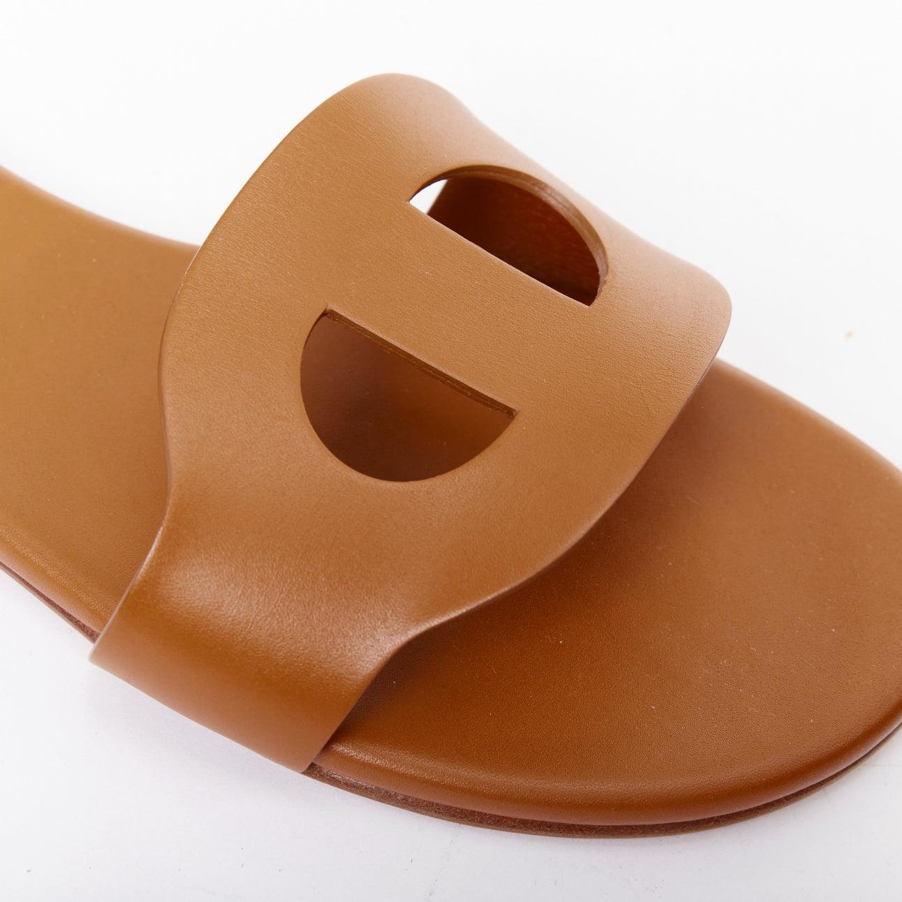 HERMES Lisboa Chaine d'ÄôAncre piel marrón recortada sandalia plana slippers EU37.5 en venta 2