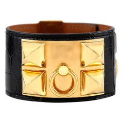 Hermes Lizard Black Leather Cuff Bracelet