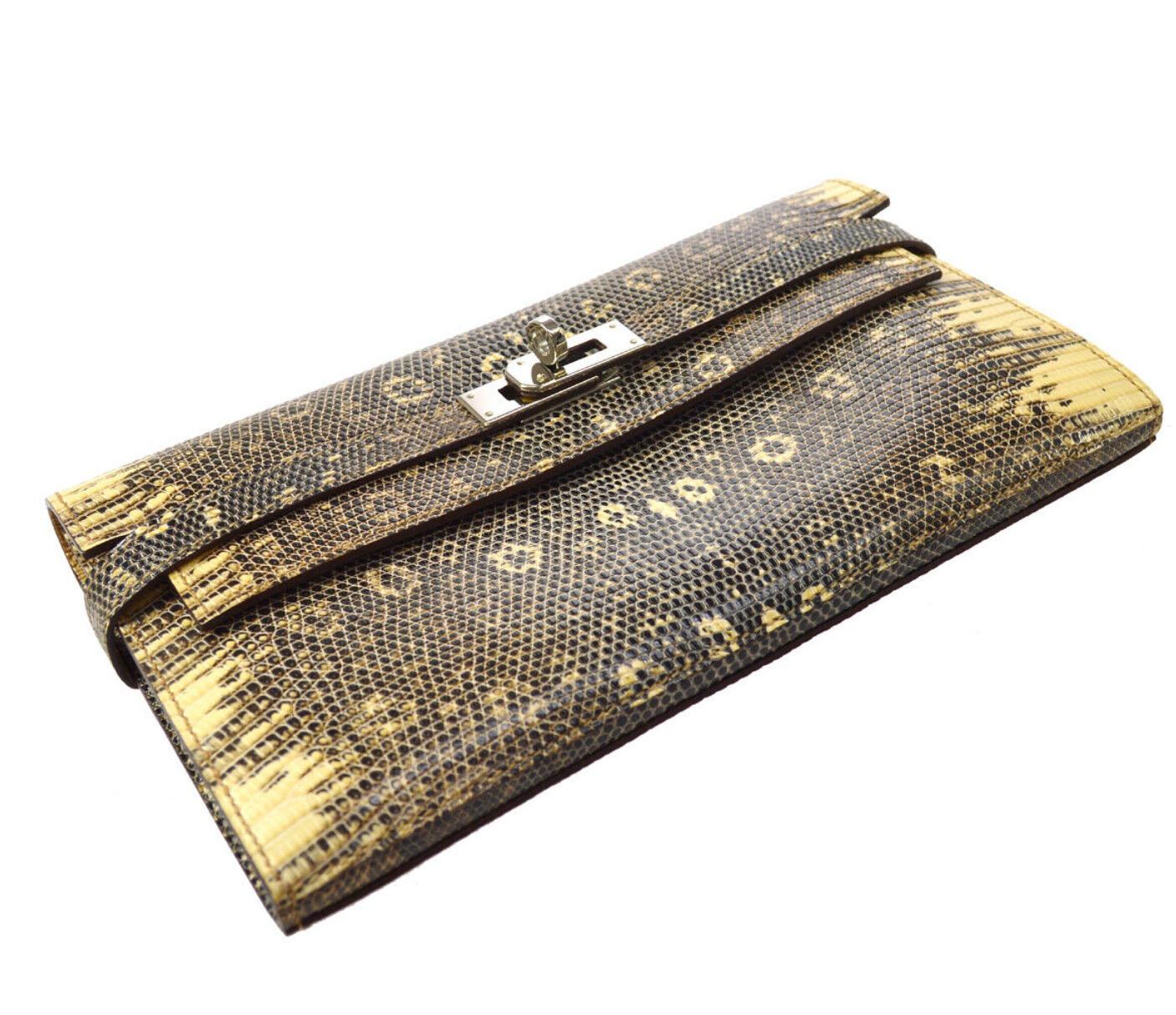 Hermes Lizard Exotic Exotic Leather Kelly Evening Clutch Wallet in Box In Excellent Condition In Chicago, IL