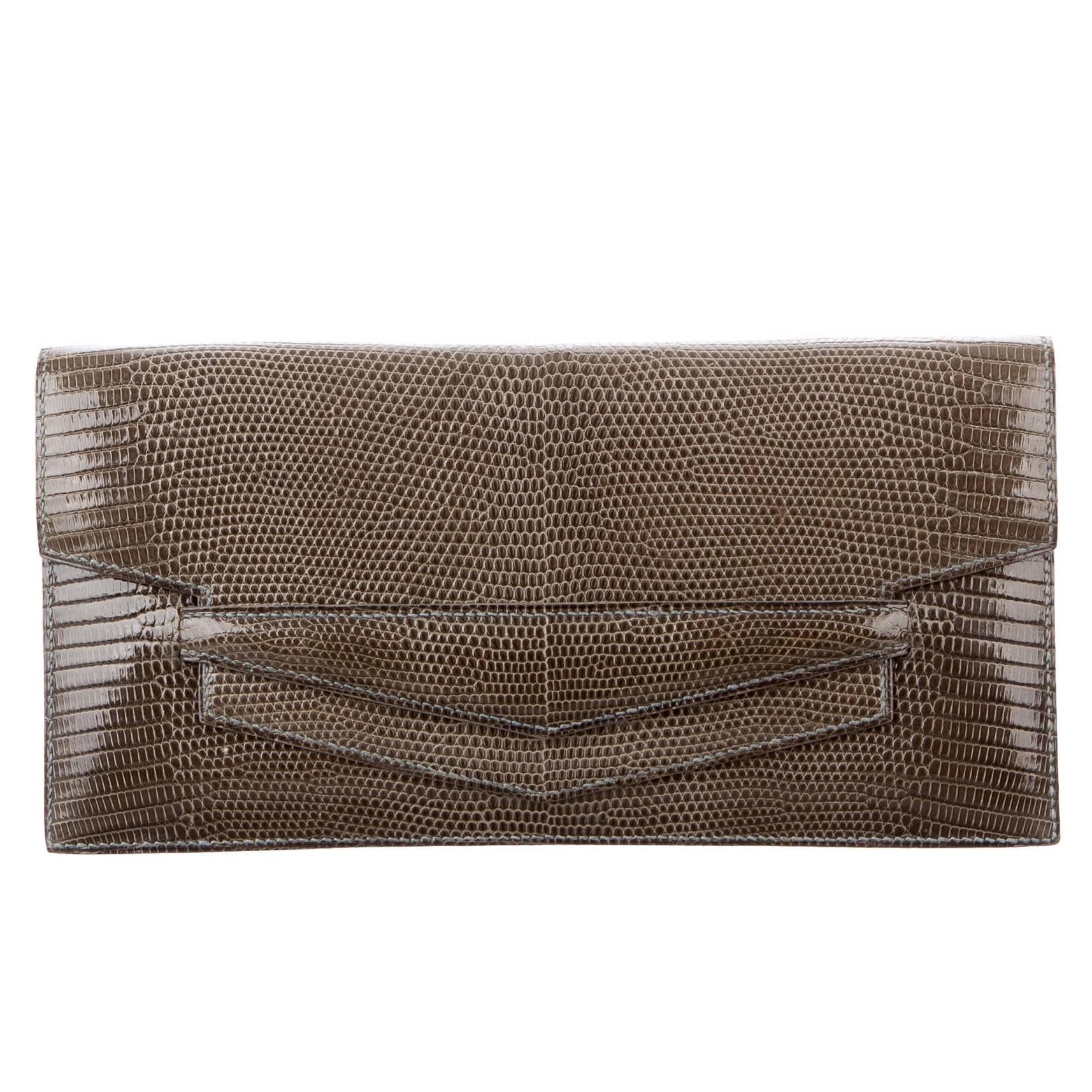 Hermes Lizard Exotic Leather Envelope Evening Clutch Flap Bag