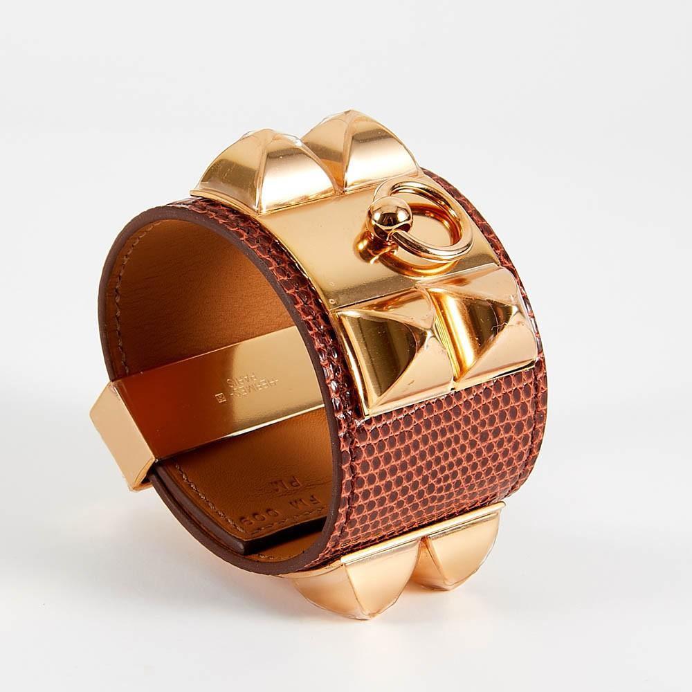 HERMES Lizard Medor Collier de Chien Pink Gold Cuff Bracelet In Excellent Condition In Paris, FR
