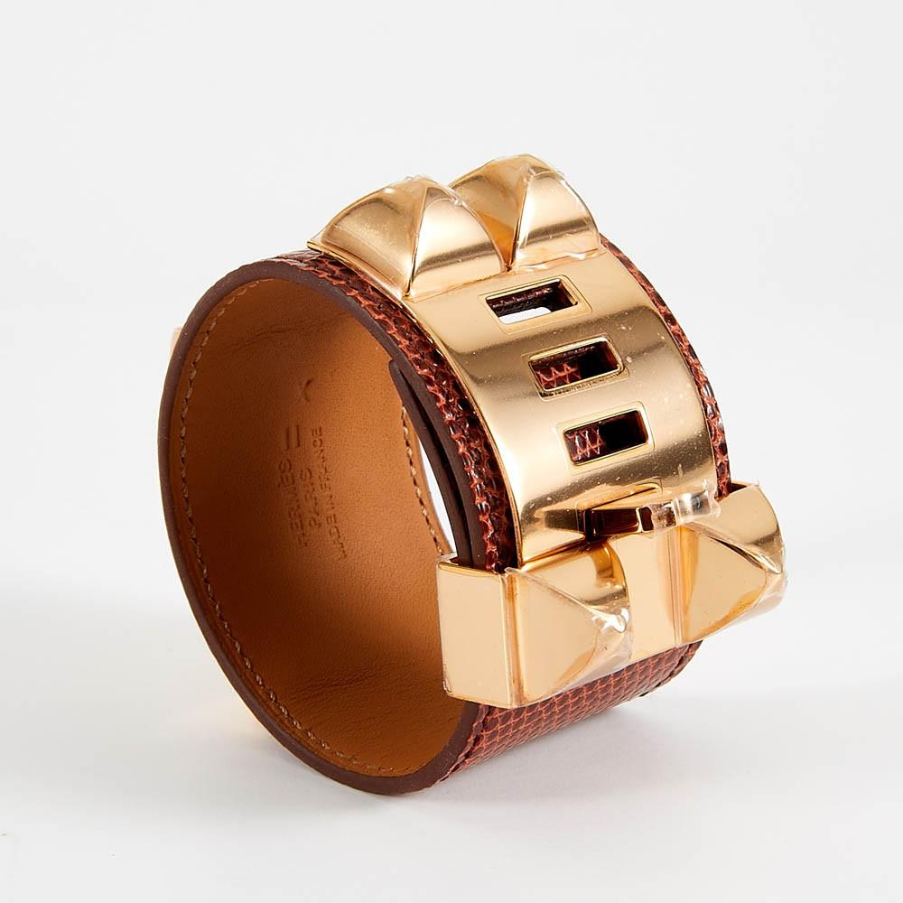 Women's HERMES Lizard Medor Collier de Chien Pink Gold Cuff Bracelet