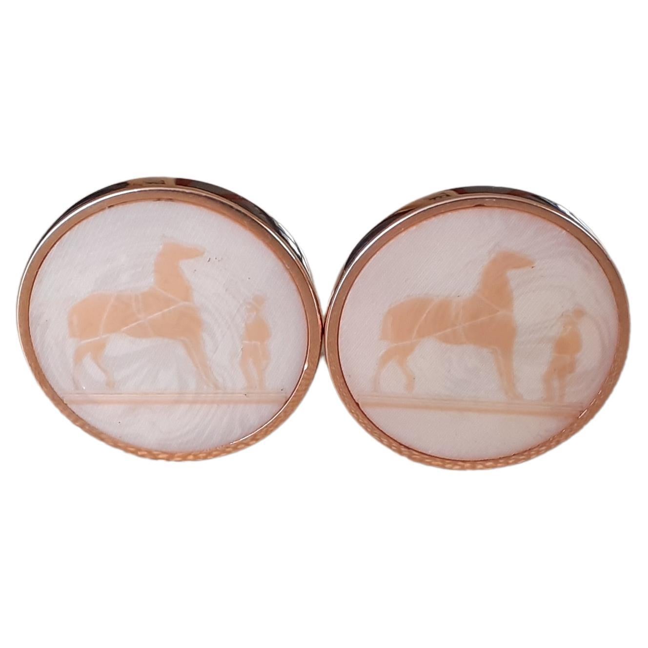  Hermès Logo Earrings Horse Equestrian Theme in Corozo Rose Gold Hdw For Sale