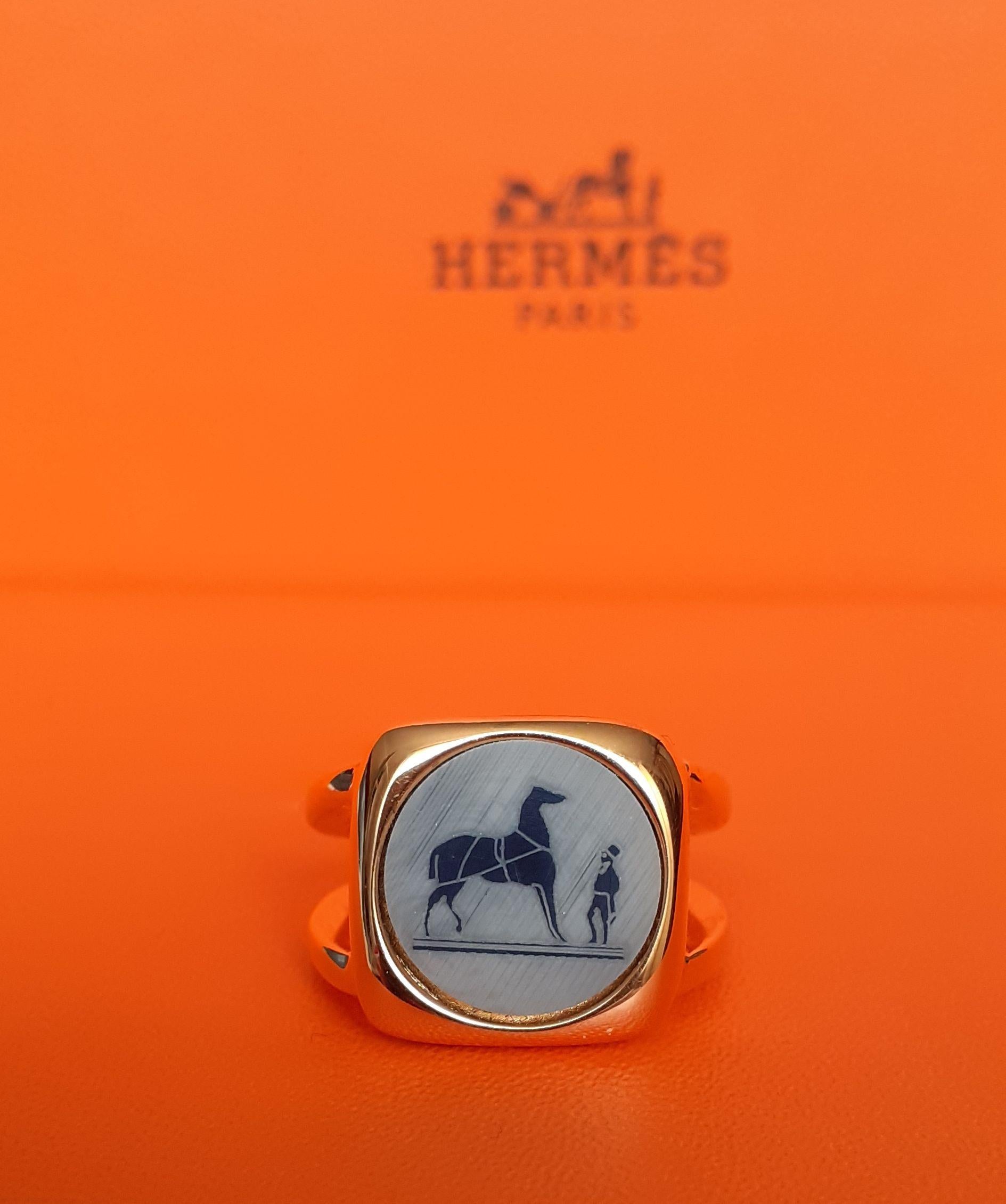  Hermès Logo Signet Ring Horse Equestrian Theme Ghw Size 8 / 8.5 2