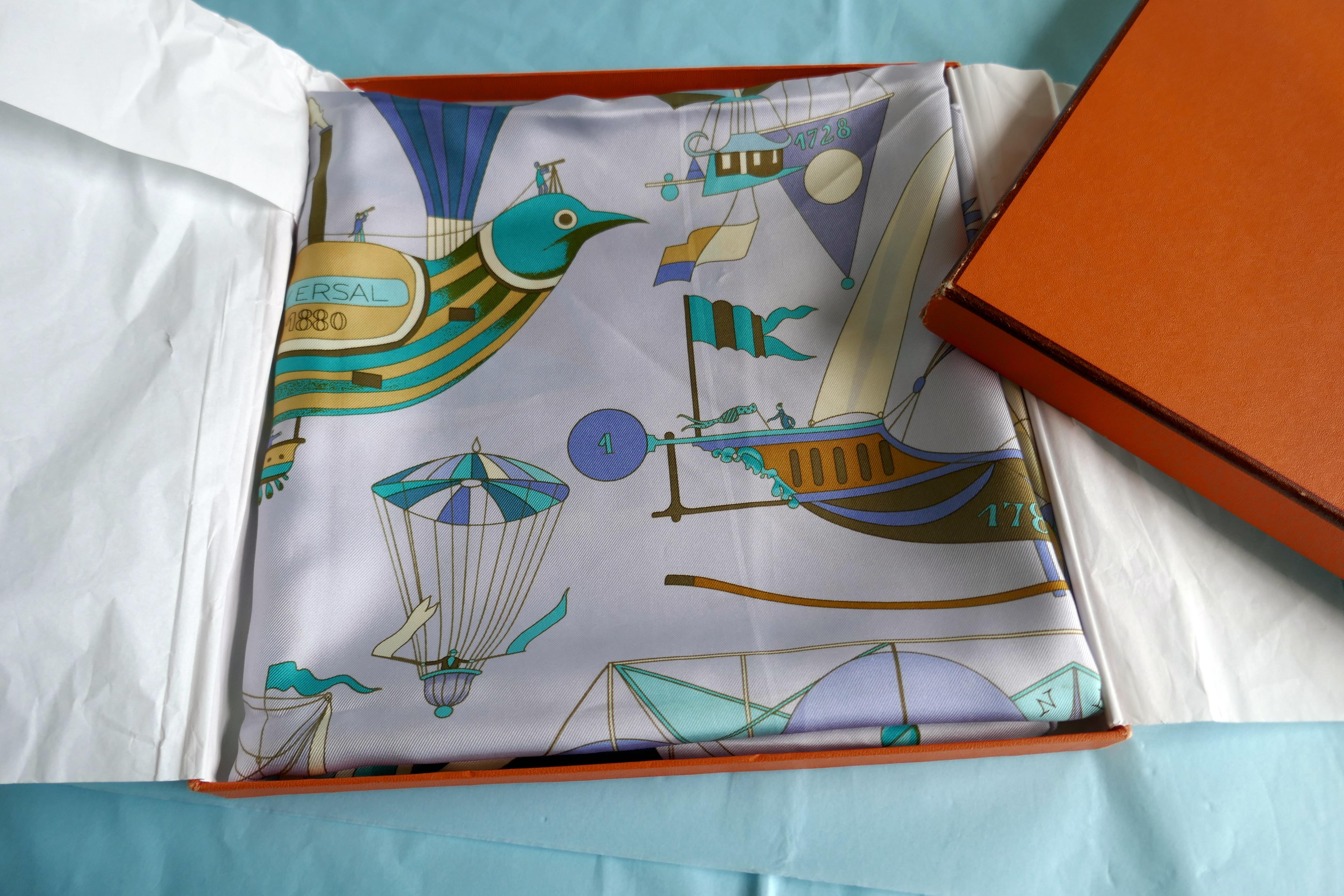 HERMÈS Loïc Dubigeon design “Les Foiles du Ciel” Pale Blue Balloons Print Silk Scarf

This design was first produced in 1980s, it has “Les Folies Du Ciel” on a banner in the design with the designers Signature and the Hermes Logo worked into the