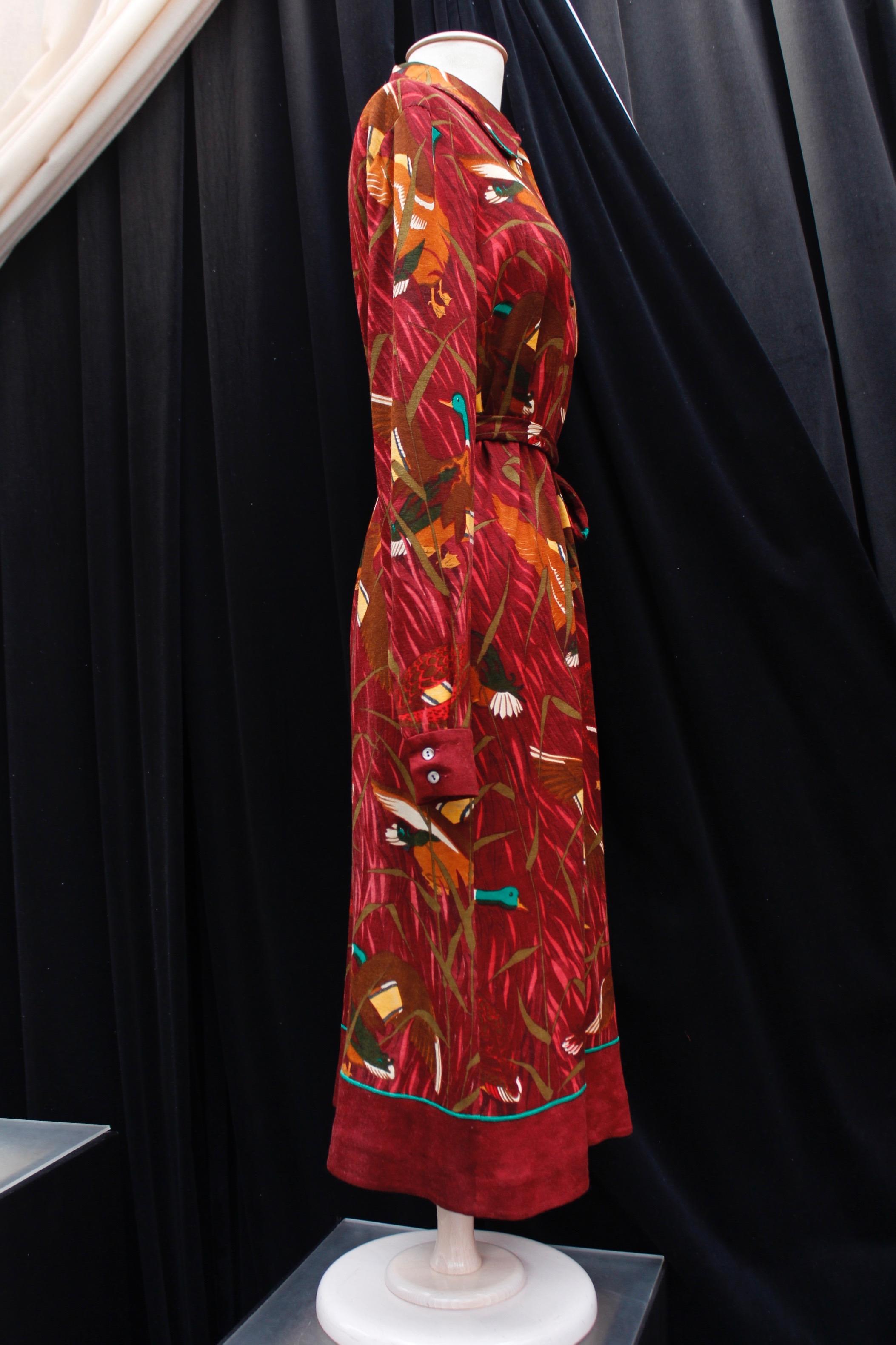 Red Hermès long burgundy wool dress with “Cols Verts” print For Sale