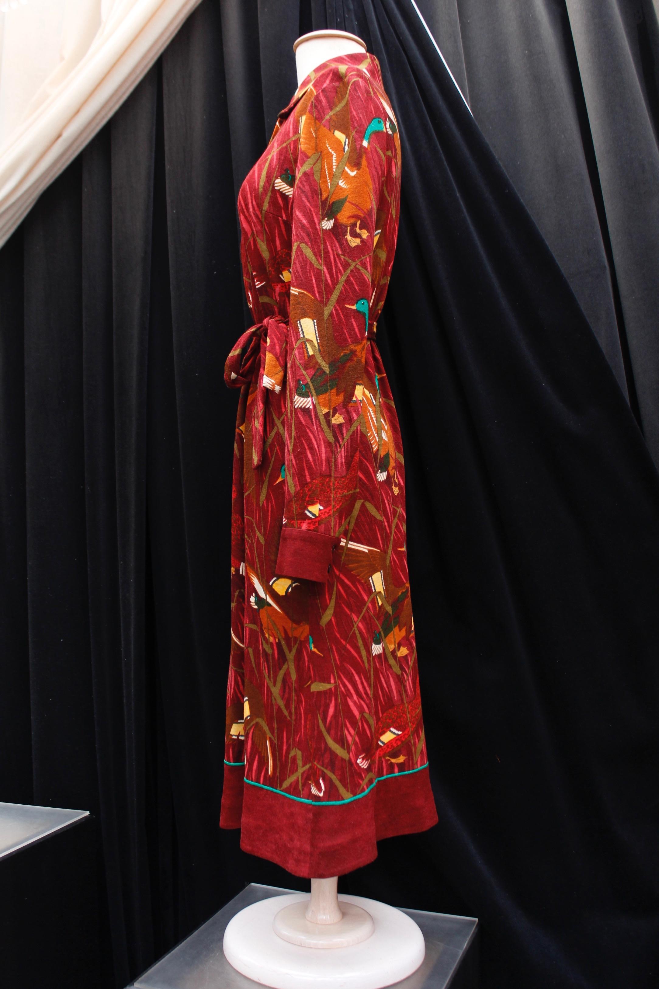 Women's or Men's Hermès long burgundy wool dress with “Cols Verts” print For Sale