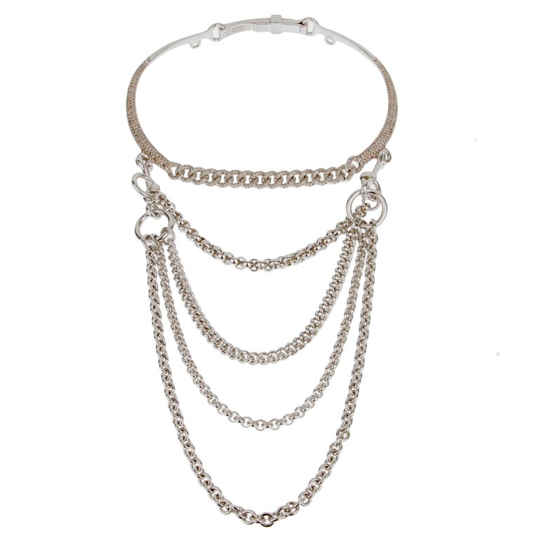Hermes Long Chain Diamond 10.88ct Silver Choker Necklace For Sale at