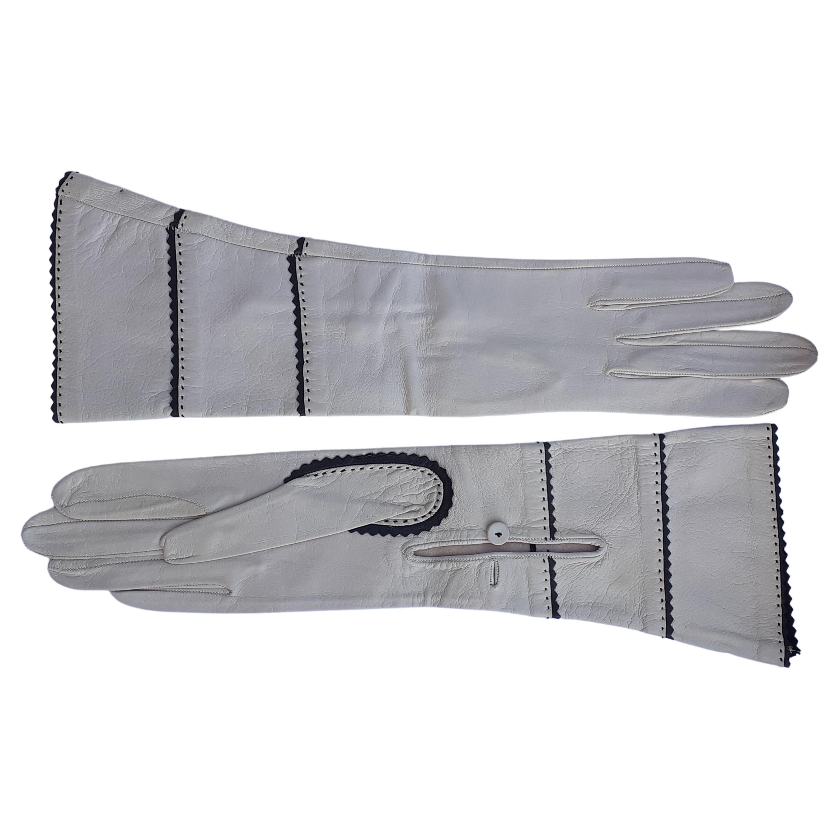 Lambskin & Silver-Tone Metal Black & Ivory Gloves, CHANEL