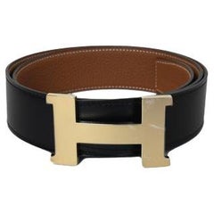 Hermes Long H Gold Buckle Belt Black Brown