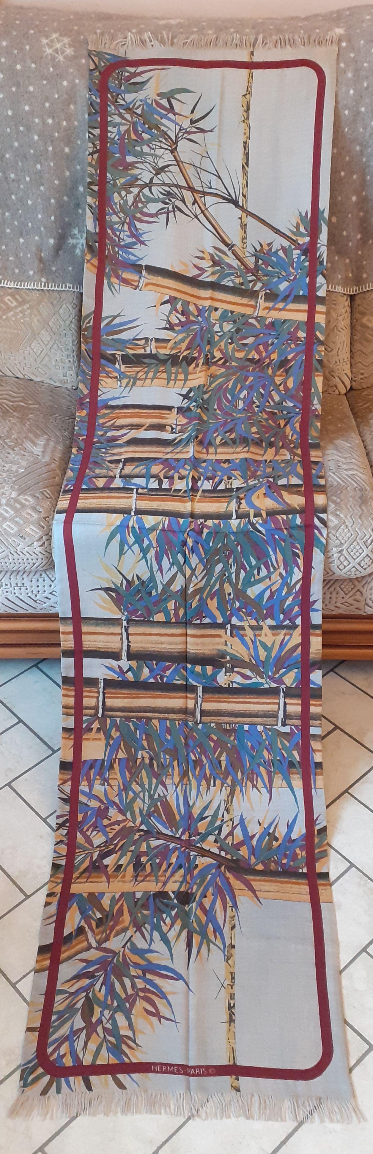 Beautiful and Rare Authentic Hermès Scarf

Print: Bamboo

Vintage Item

Made of 65% Cashmere and 35% Silk

Fully lined

Fringed at each end

Colorways: Heather Gray Background, Yellow Burgundy Green Blue Brown Orange Bamboo

