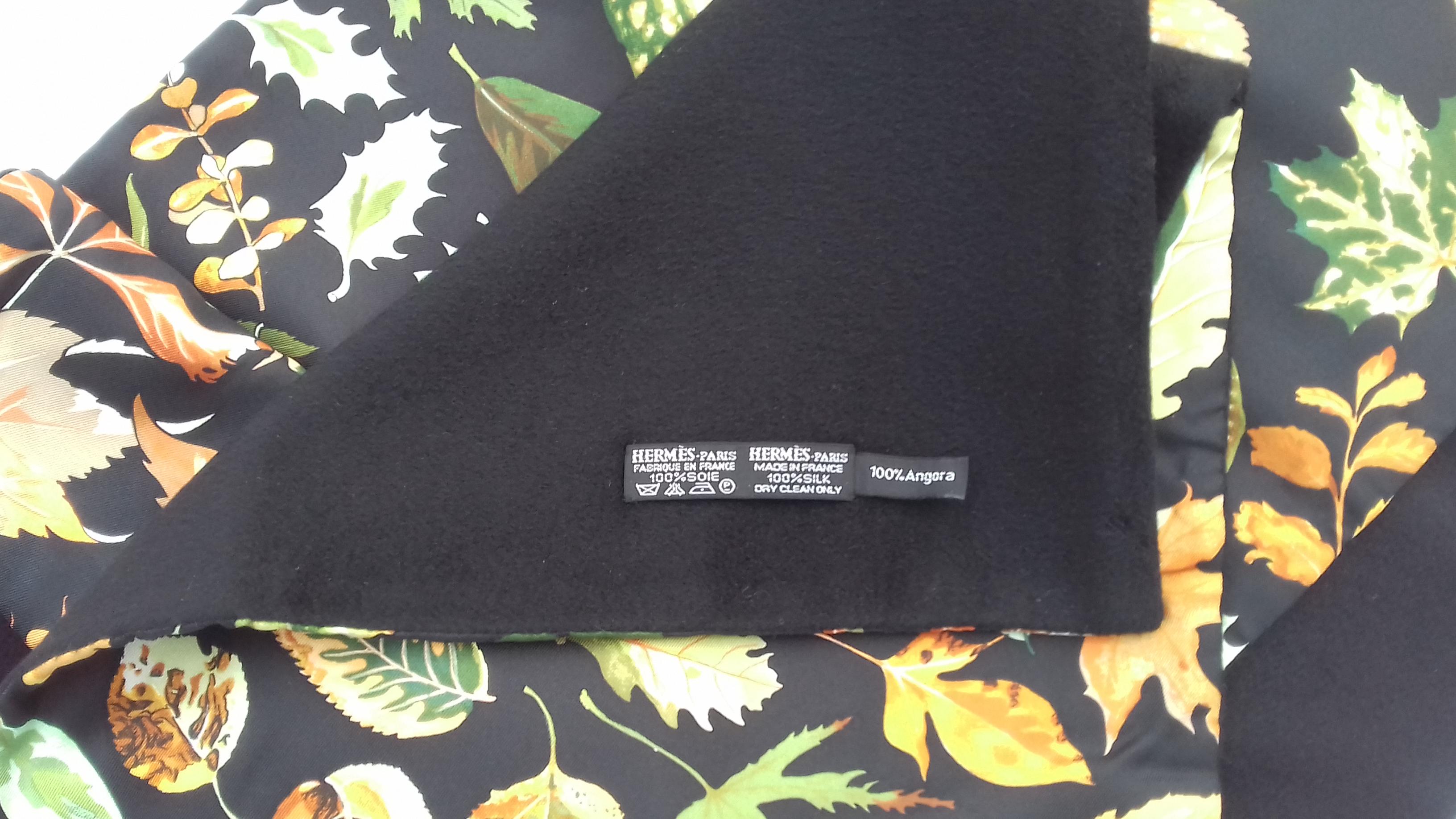 Hermès Long Scarf Stole Tourbillons Leaves Vauzelles Black Silk and Angora 67' 8