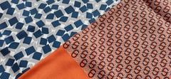 Hermès Long Silk Scarf Double-Sided Chaine d'Ancre and Cubes Orange Blue