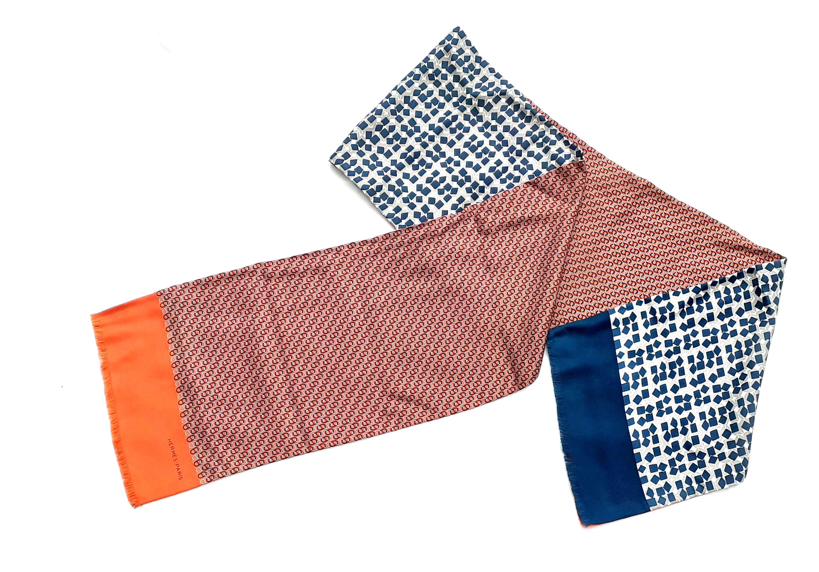 Women's or Men's Hermès Long Silk Scarf Double-Sided Chaine d'Ancre and Cubes Orange Blue For Sale