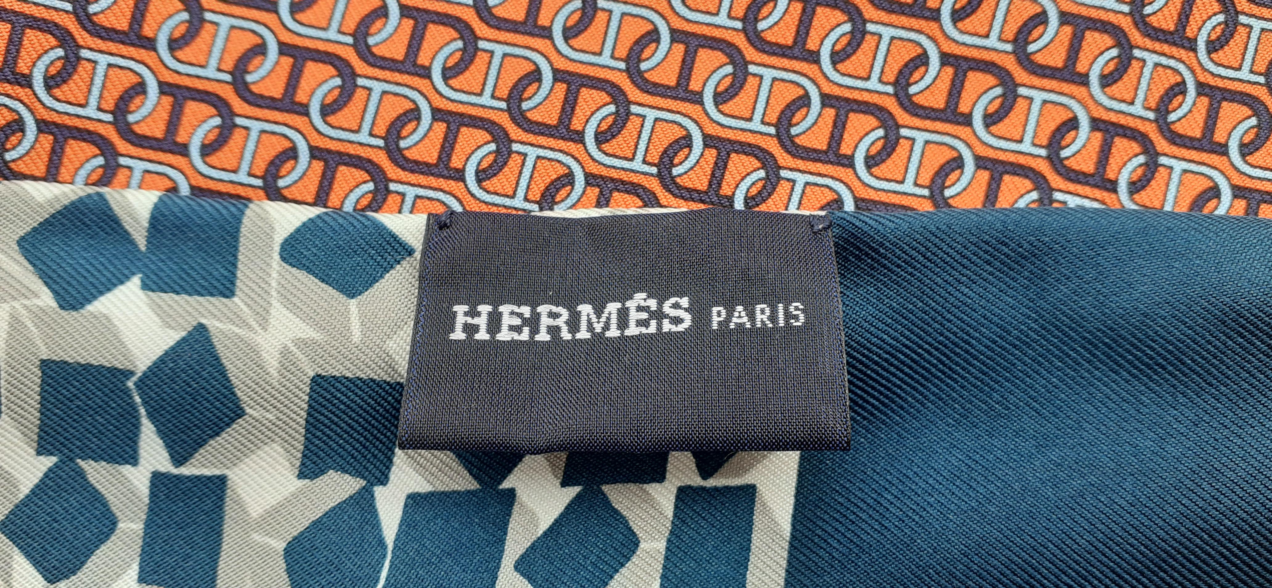 Brown Hermès Long Silk Scarf Double-Sided Chaine d'Ancre and Cubes Orange Blue