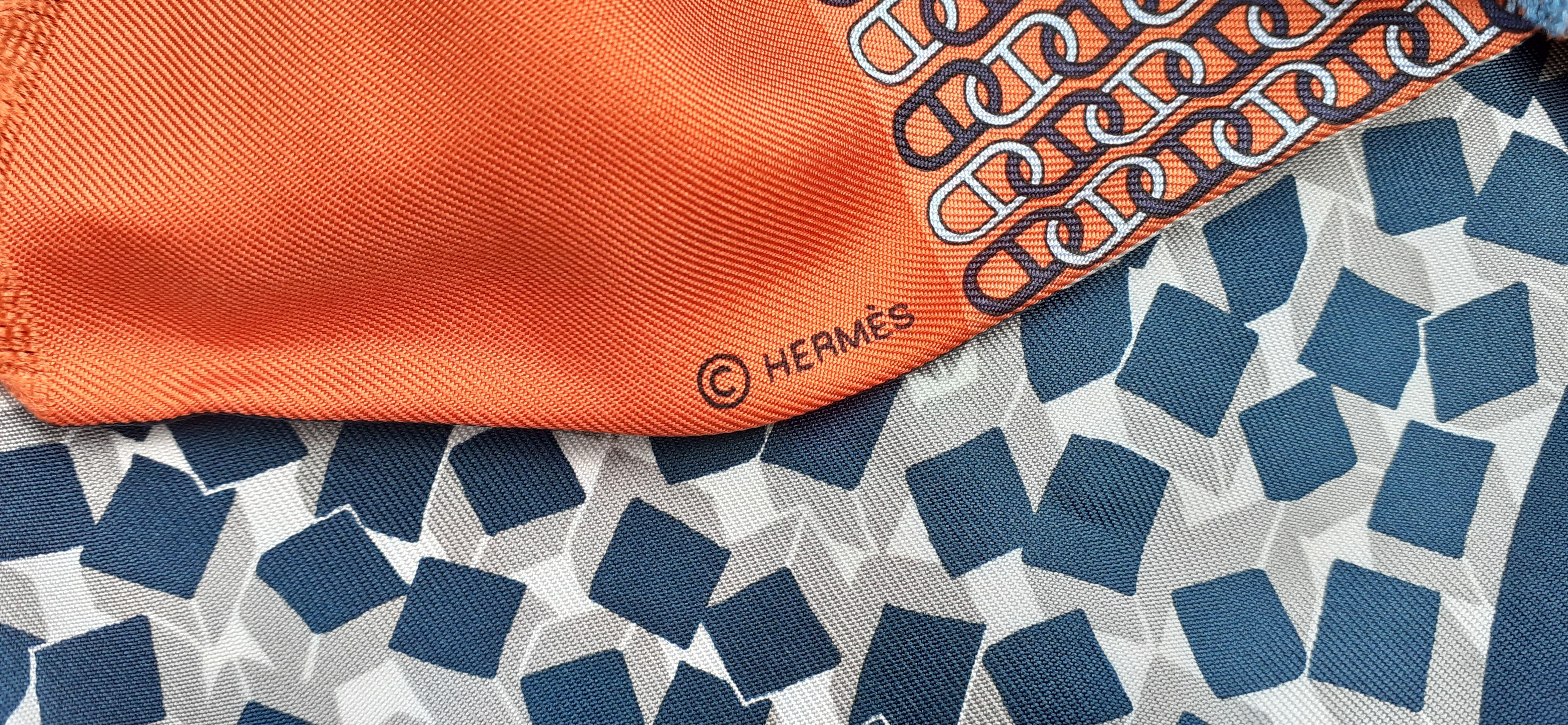 Hermès Long Silk Scarf Double-Sided Chaine d'Ancre and Cubes Orange Blue 1