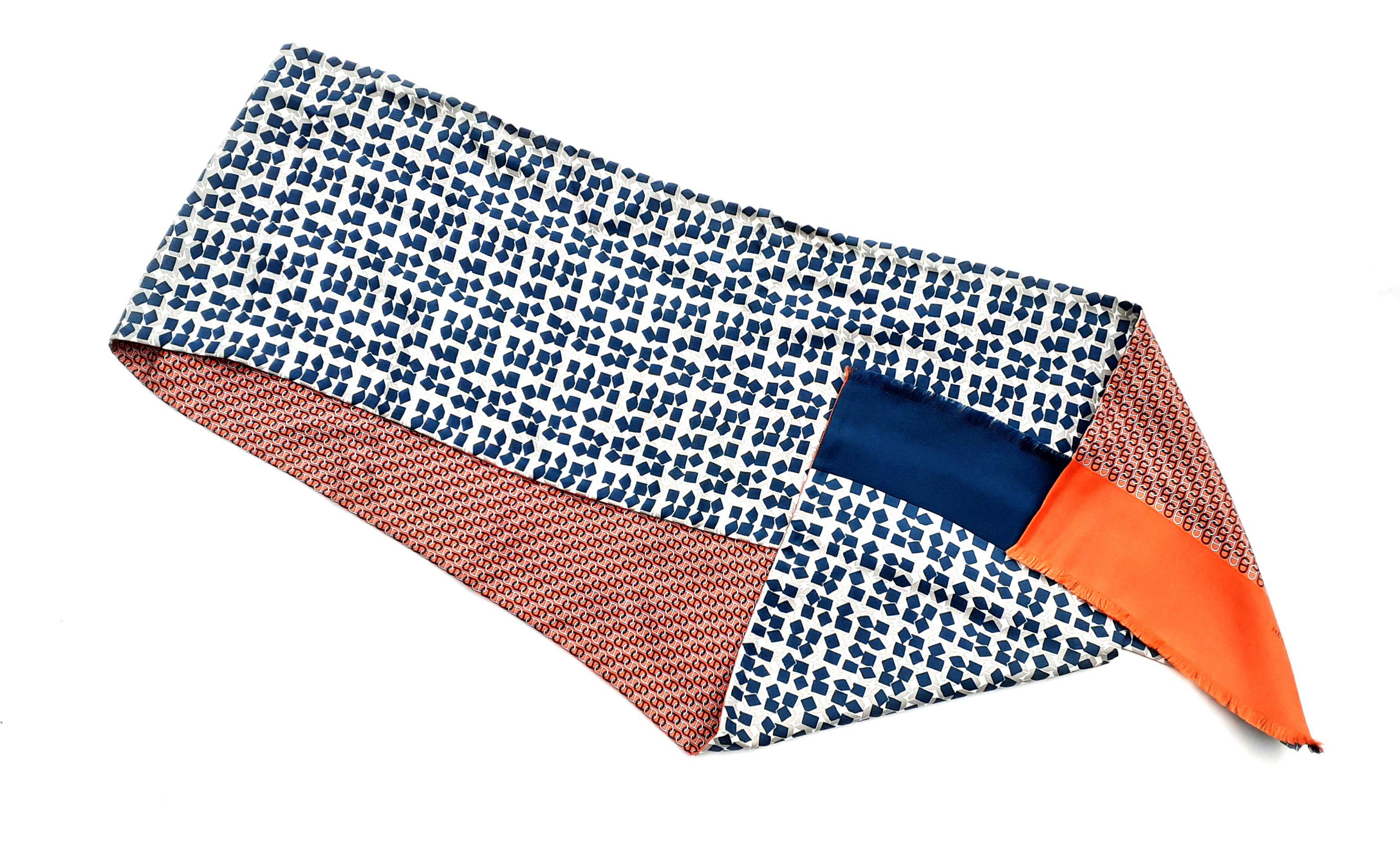 Hermès Long Silk Scarf Double-Sided Chaine d'Ancre and Cubes Orange Blue 2