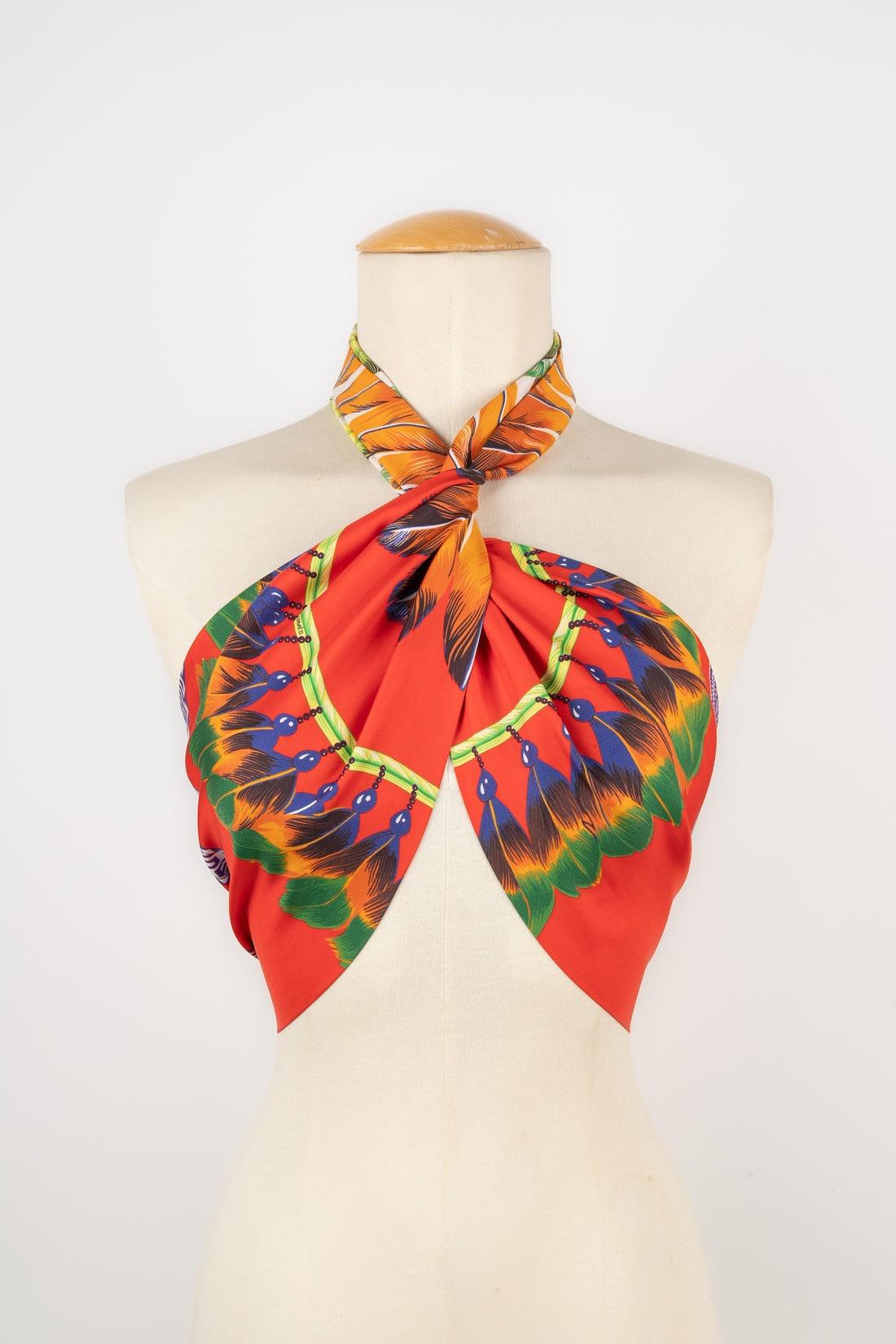 Orange Hermès Long Silk Scarf in Red Tones For Sale