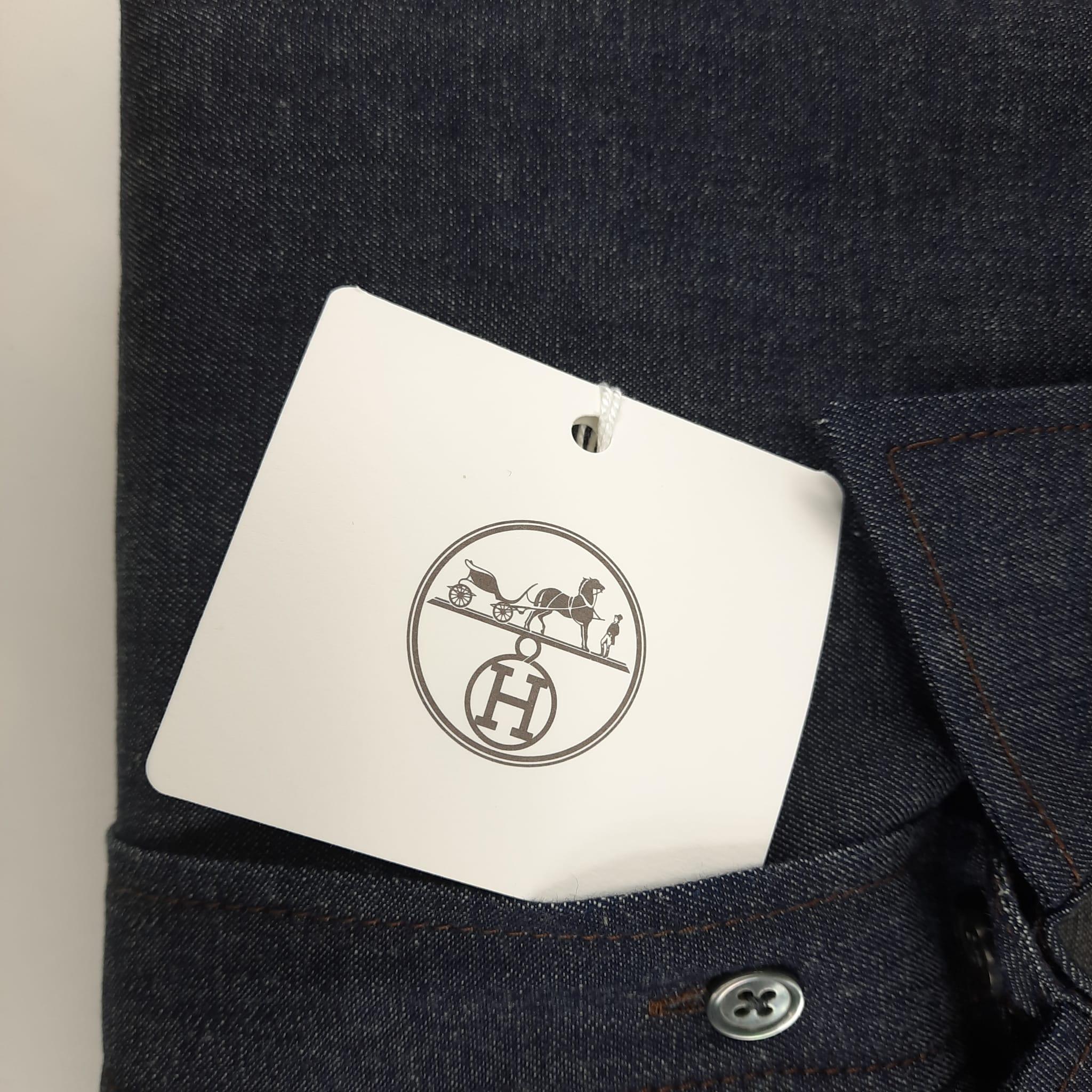Men's Hermes Long sleeve Indigo Size 39  Sporty fit denim shirt For Sale