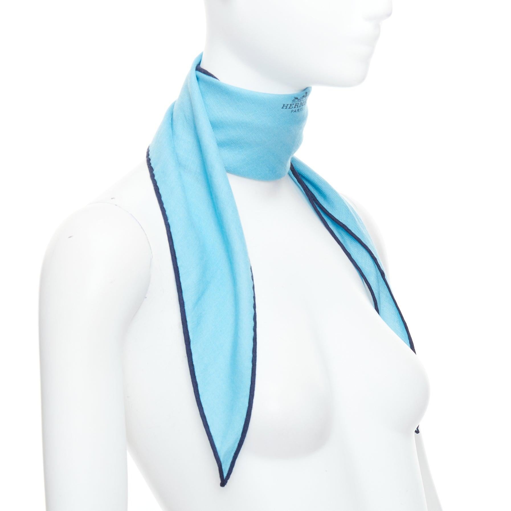 Blue HERMES Losange sky blue cashmere silk navy edge logo print scarf For Sale