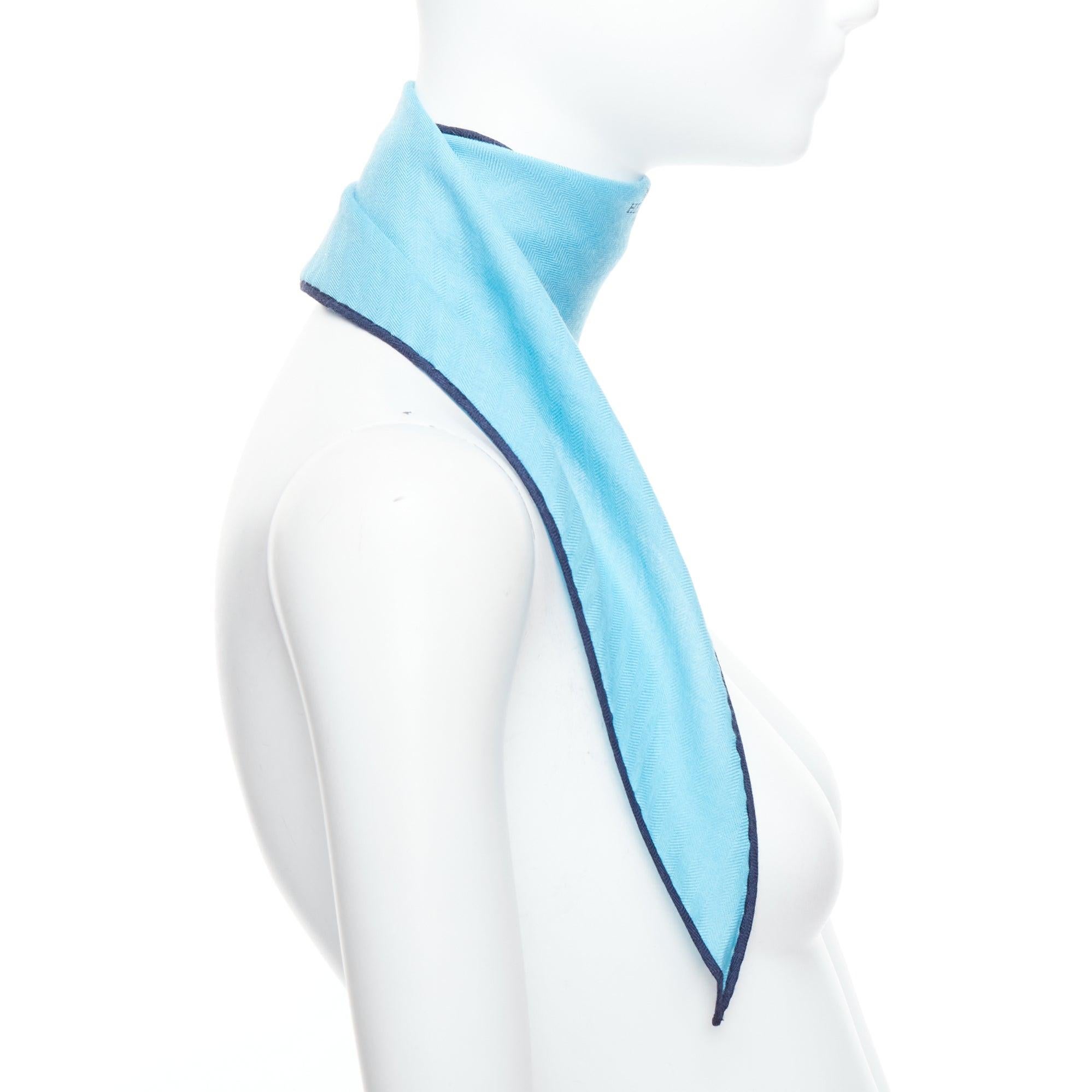HERMES Losange sky blue cashmere silk navy edge logo print scarf In Excellent Condition For Sale In Hong Kong, NT