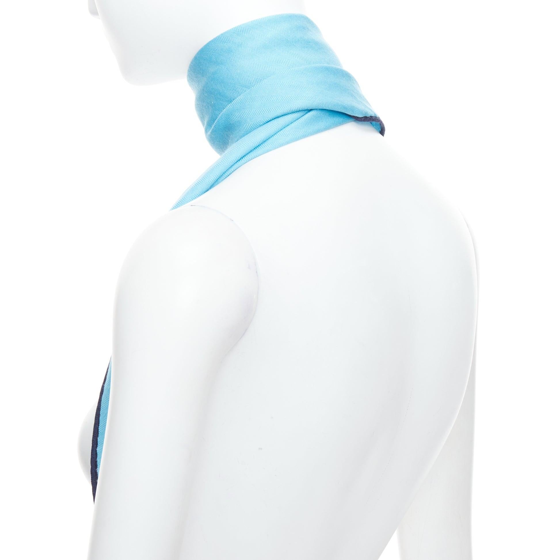 HERMES Losange sky blue cashmere silk navy edge logo print scarf For Sale 1