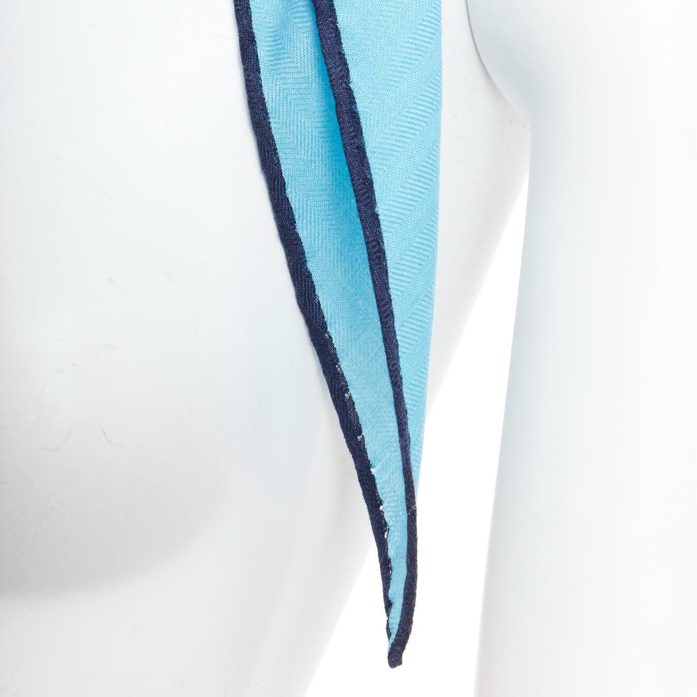 HERMES Losange sky blue cashmere silk navy edge logo print scarf For Sale 2