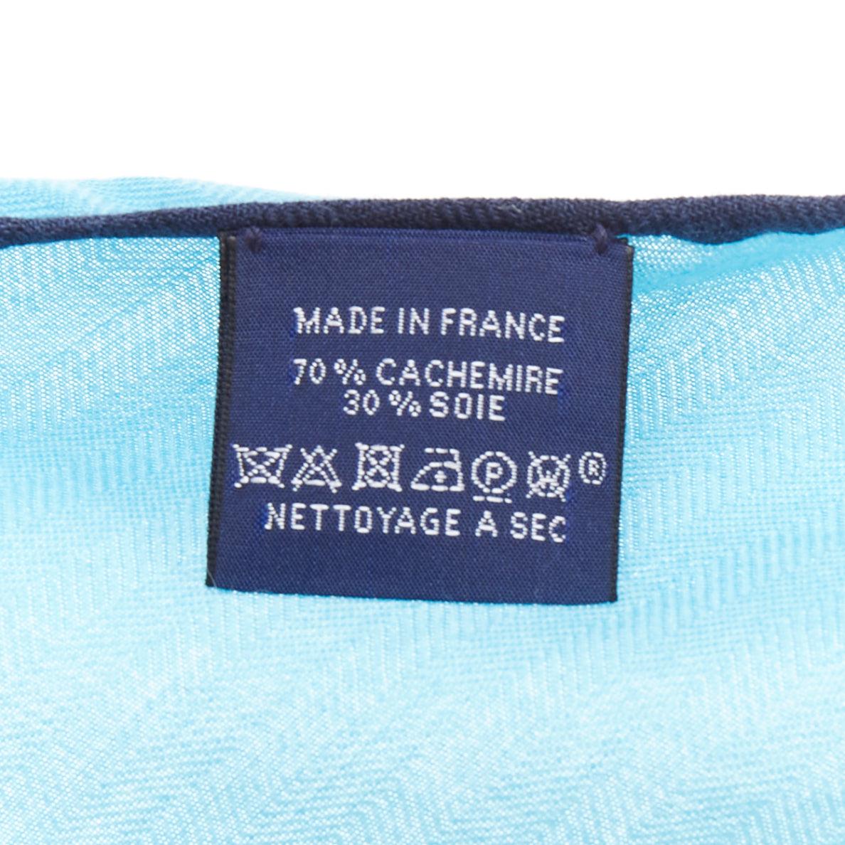 HERMES Losange sky blue cashmere silk navy edge logo print scarf For Sale 3