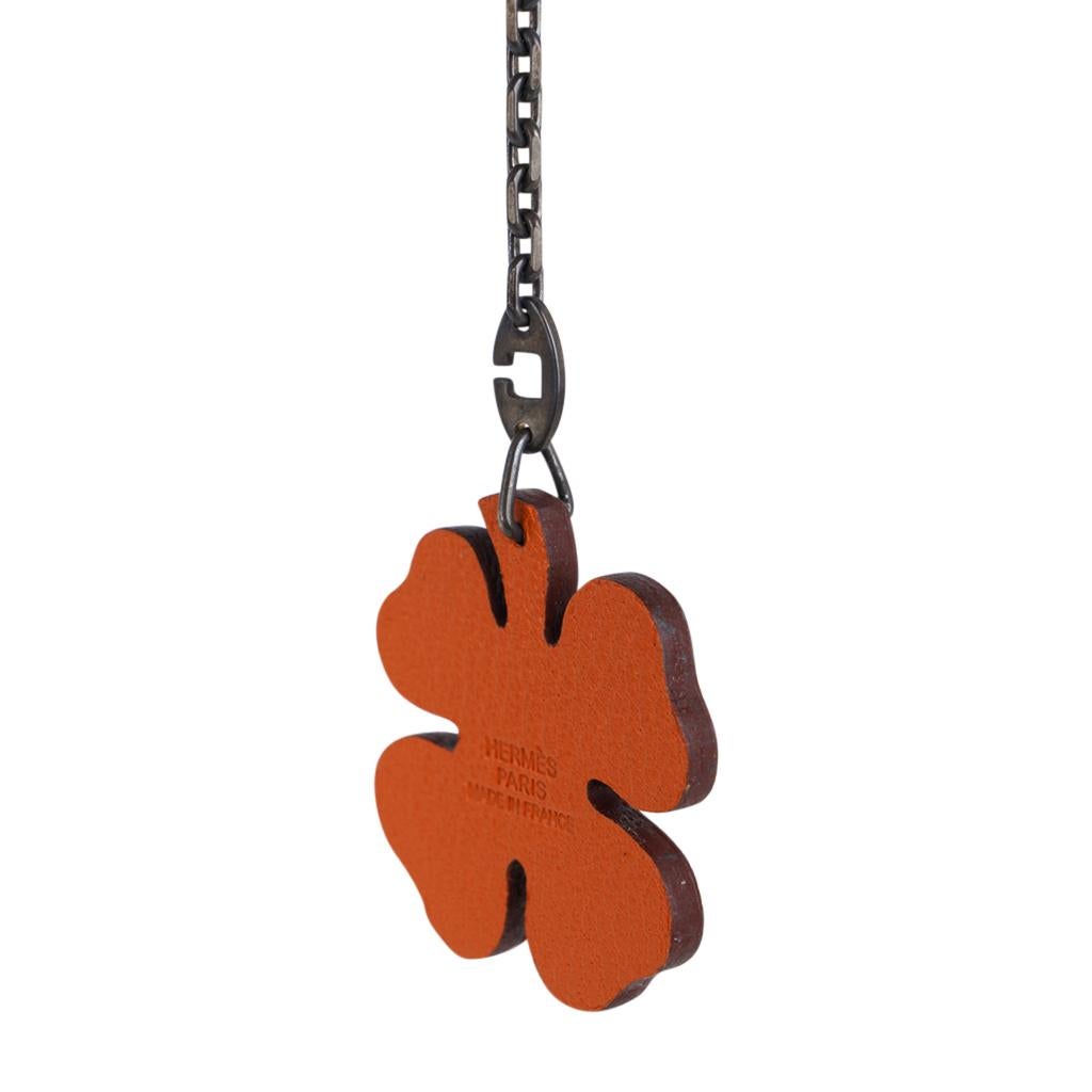 Women's or Men's Hermes Lucky Clover Charm Key Chain Vert Anis and Orange Chevre Leather