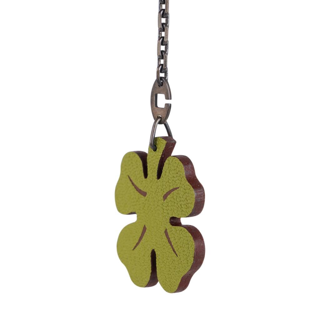 Hermes Lucky Clover Charm Key Chain Vert Anis and Orange Chevre Leather 1